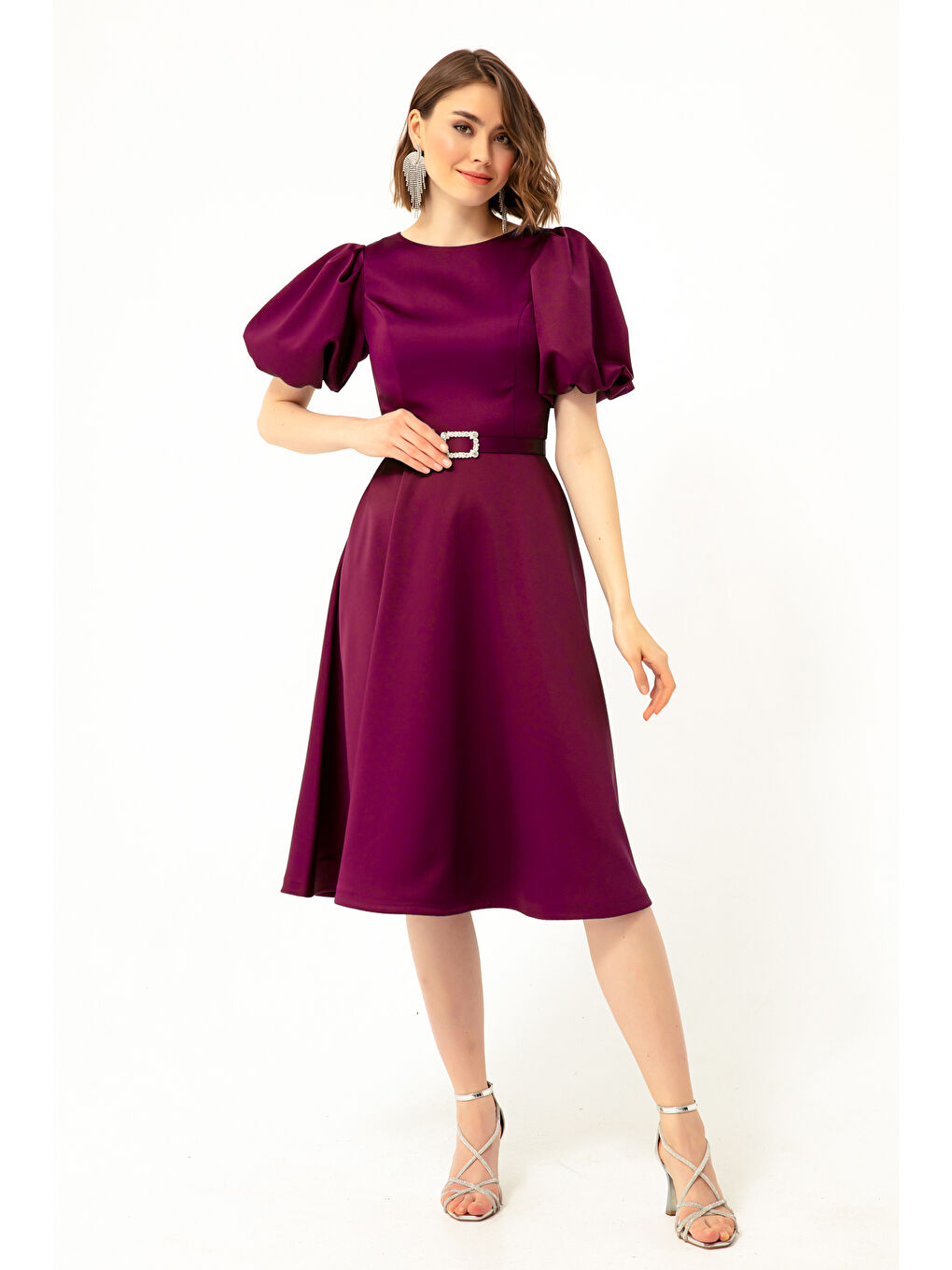 Kadın Mürdüm Balon Kollu Taşlı Kemerli Mini Saten Abiye Elbise-3