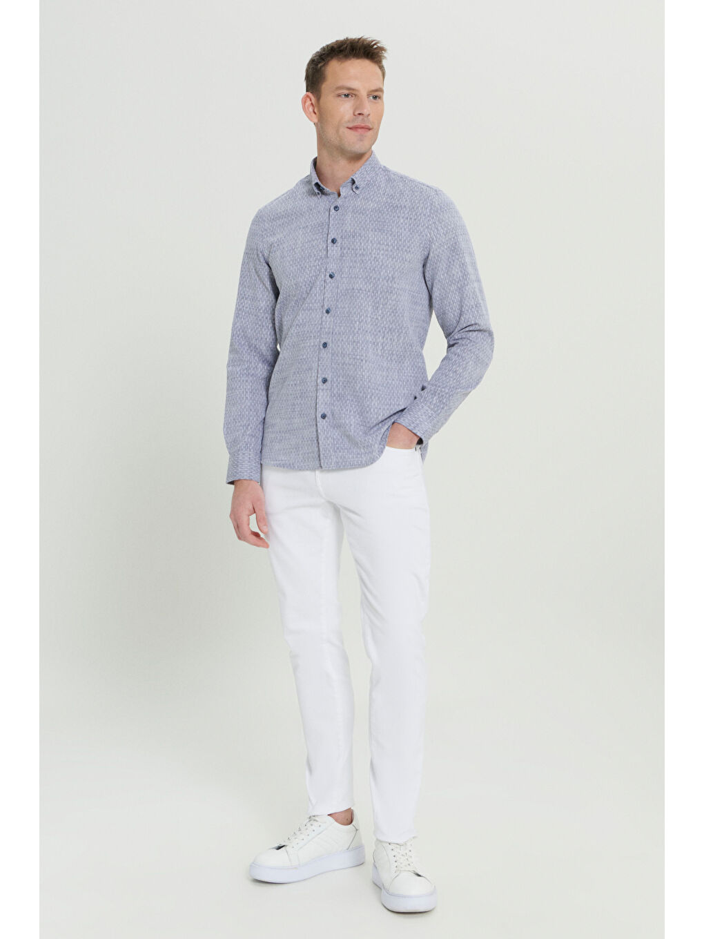 Erkek Lacivert Slim Fit Dar Kesim %100 Pamuk Armürlü Düğmeli Yaka Casual Gömlek-1