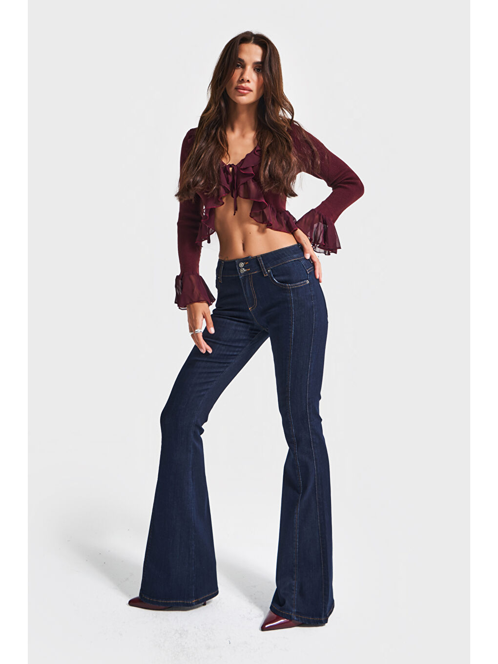 Kadın İndigo Renk 7w5-50 Midrise Flare Fit Esnek Elastan Kumaş Orta Bel Denim Jean-1