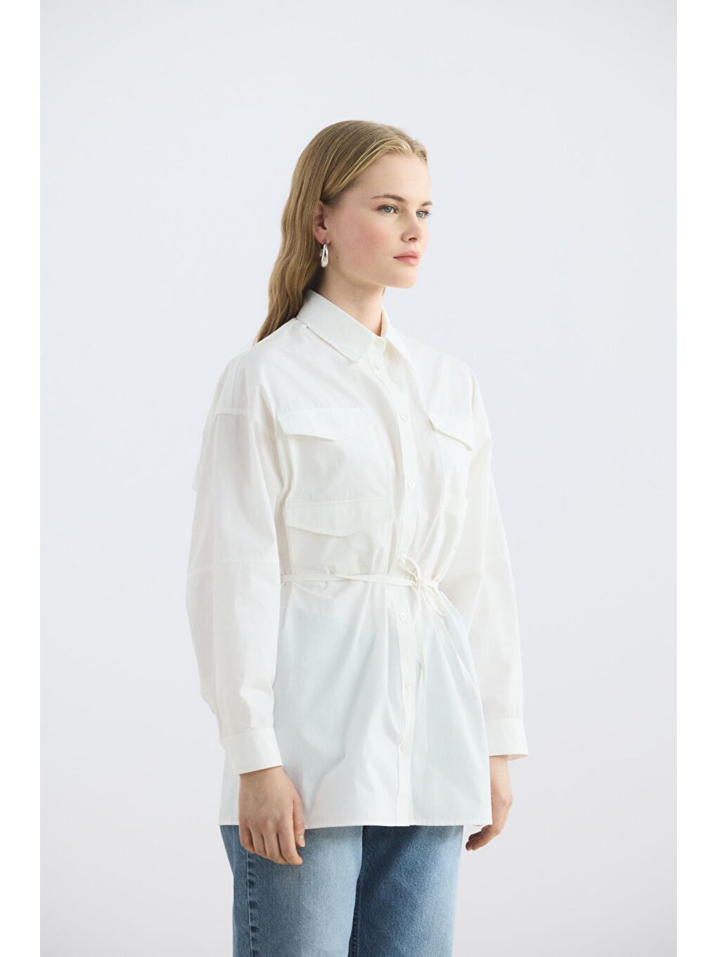 Cepli Biye Kemerli Oversize Gömlek Ekru-2