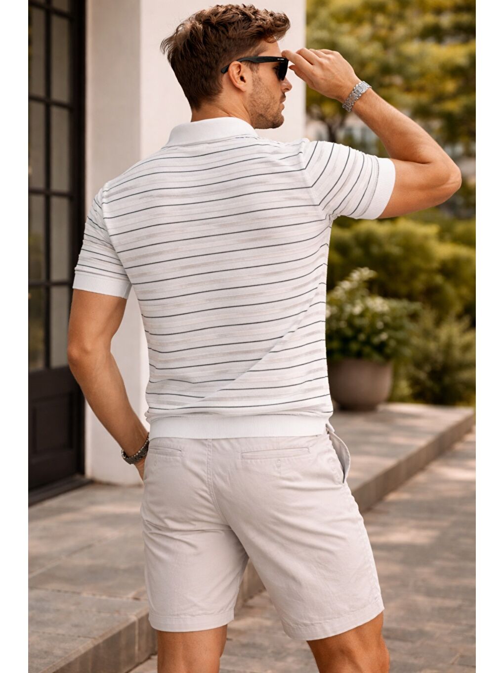 Beyaz Erkek Çizgili Triko Slim Fit Polo Yaka T-Shirt-2