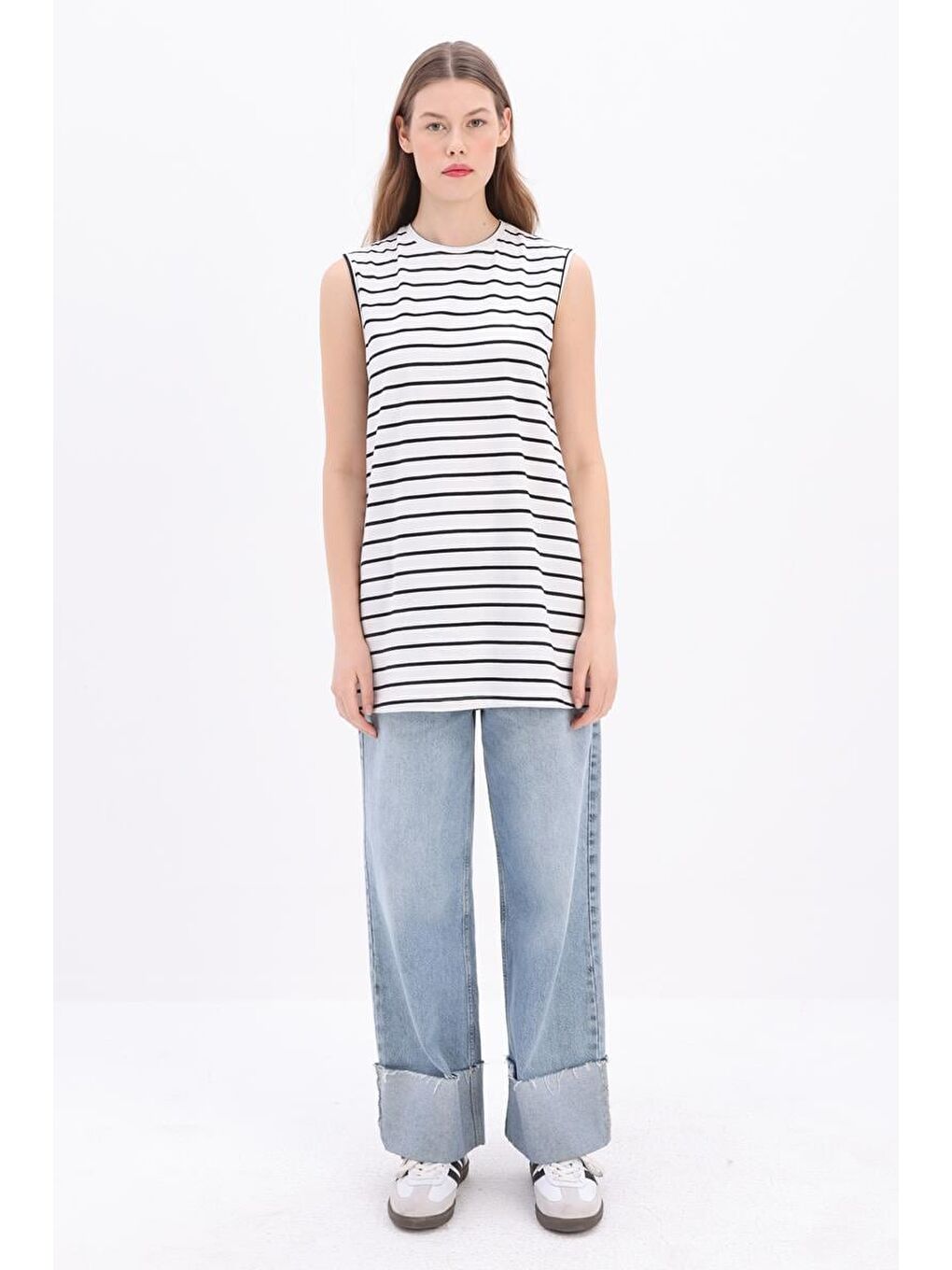 Lila Ekru-Siyah-Pamuklu Çizgili Sıfır Kollu Tunik