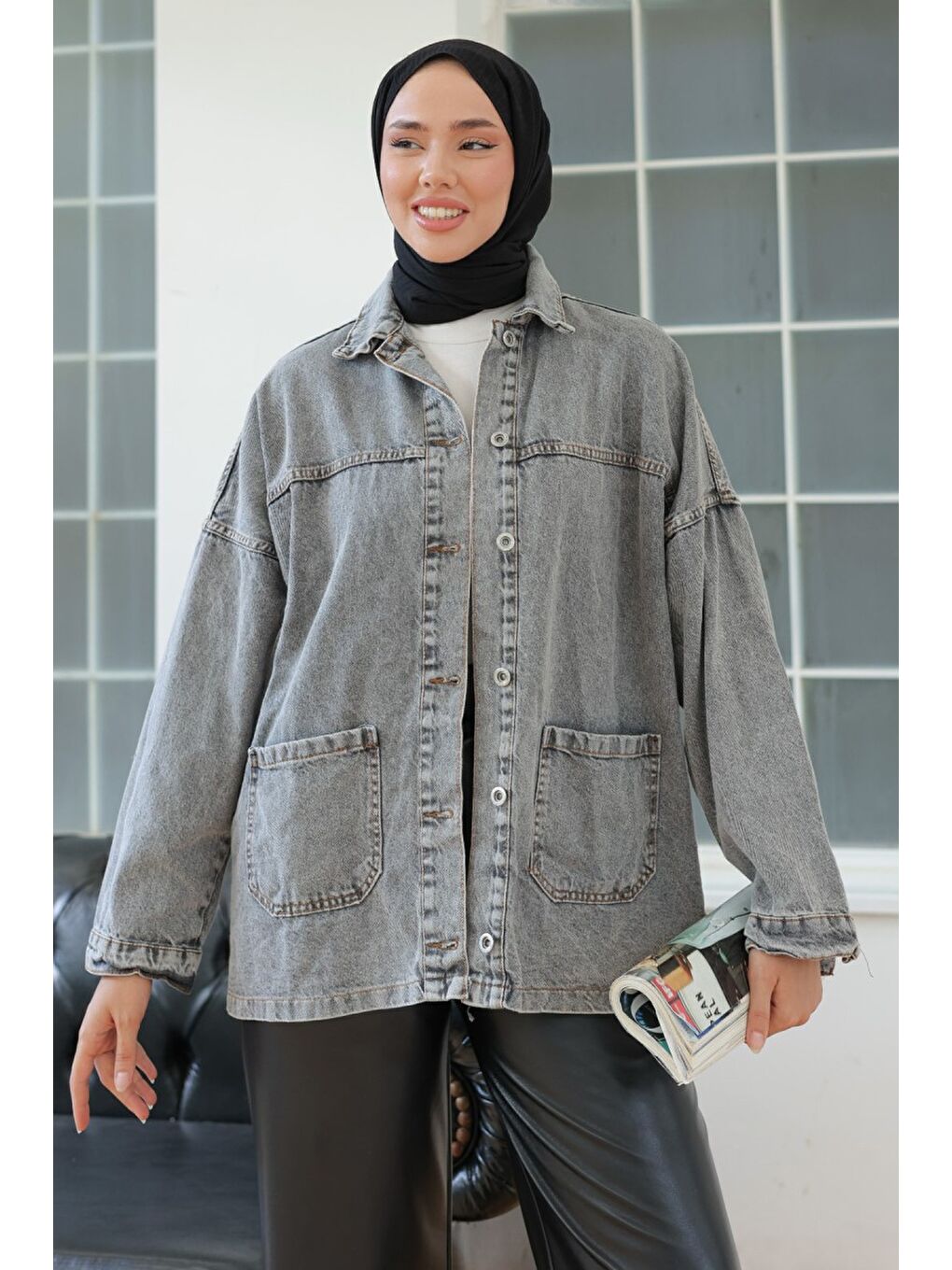 Kadın Kar Yıkama Çift Cepli Düğmeli Jean Ceket Antrasit   26657