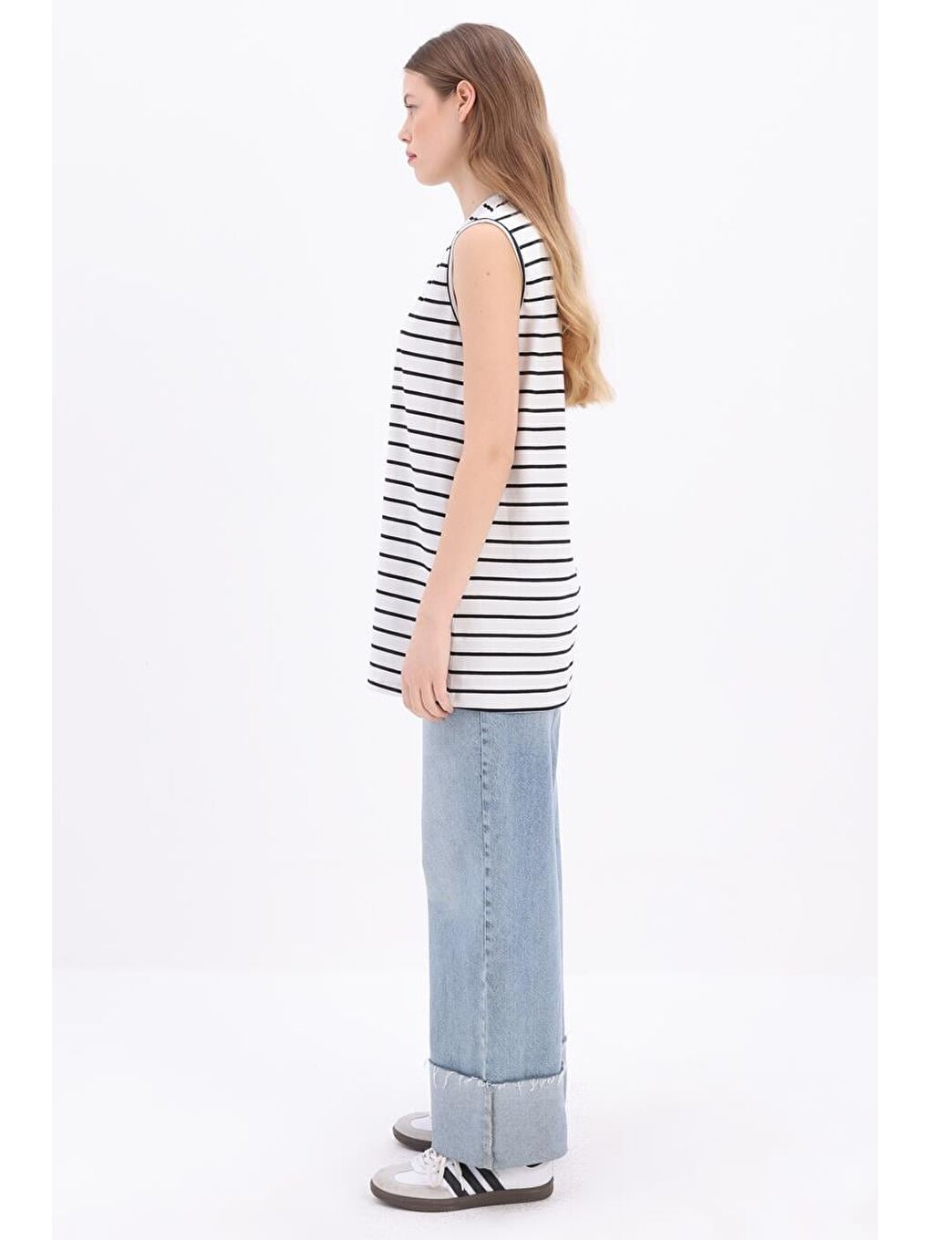 Lila Ekru-Siyah-Pamuklu Çizgili Sıfır Kollu Tunik-1