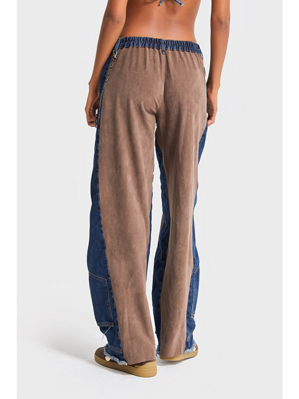 Kahverengi Kadın Kahve Jean Rengi Süet Denim Parçalı Bol Kesim Özel Tasarım Denim Pantolon-2