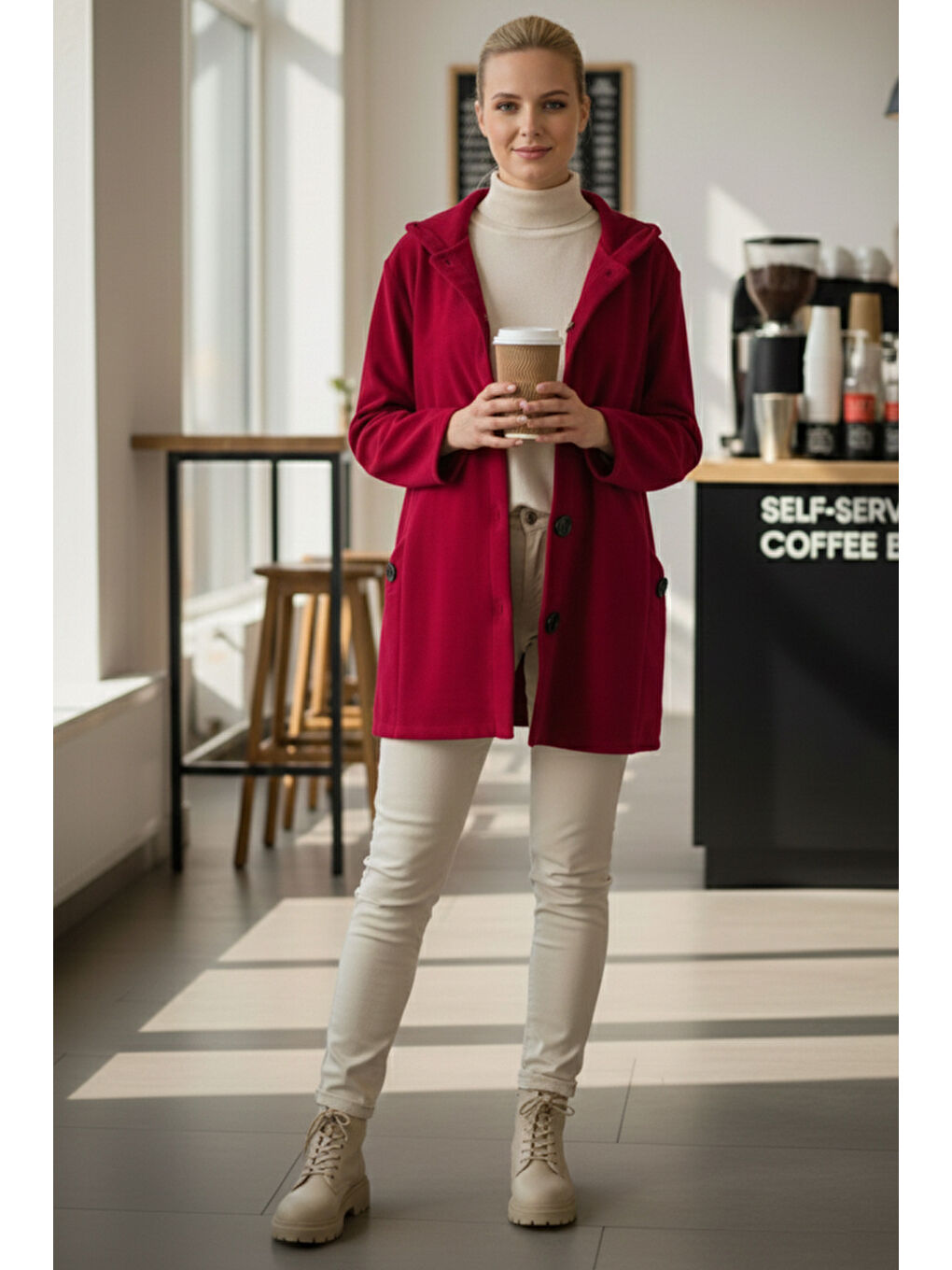 İtalyan Kırmızı Kapüşonlu Uzun Kol Düğmeli Cepli Casual Kadife Oversize Dokuma Ceket 80 70-1