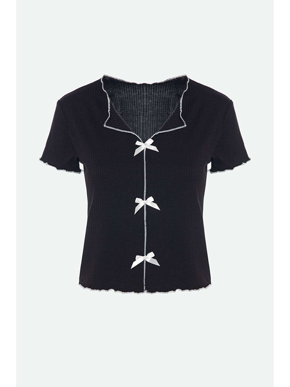 Siyah Kadın Kısa Kollu Fiyonklu Fitilli Pijama Takımı-3