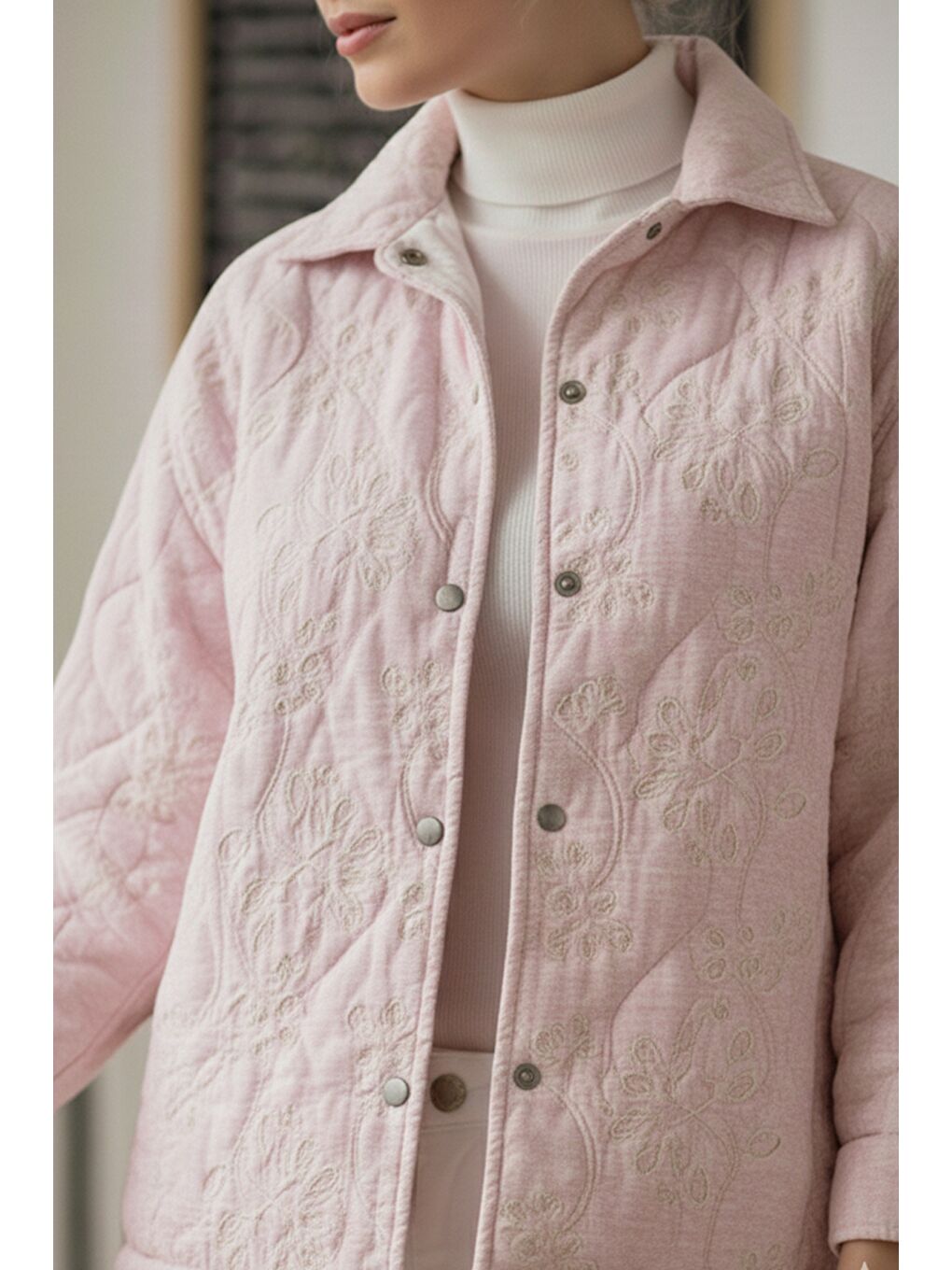 Pastel Pembe Gömlek Yaka Uzun Kol Çıt Çıtlı Casual Kapitone Dokuma Ceket 68 55-1