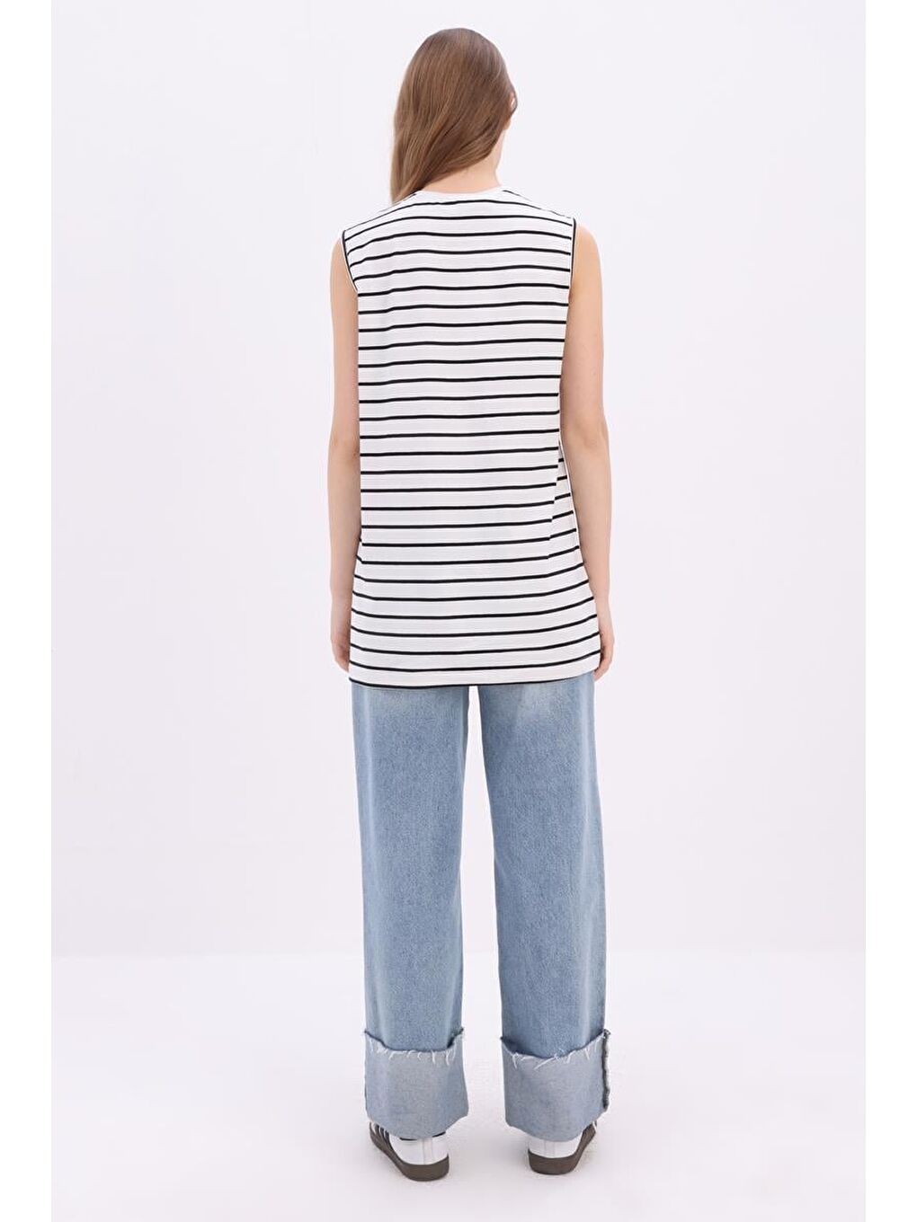 Lila Ekru-Siyah-Pamuklu Çizgili Sıfır Kollu Tunik-2