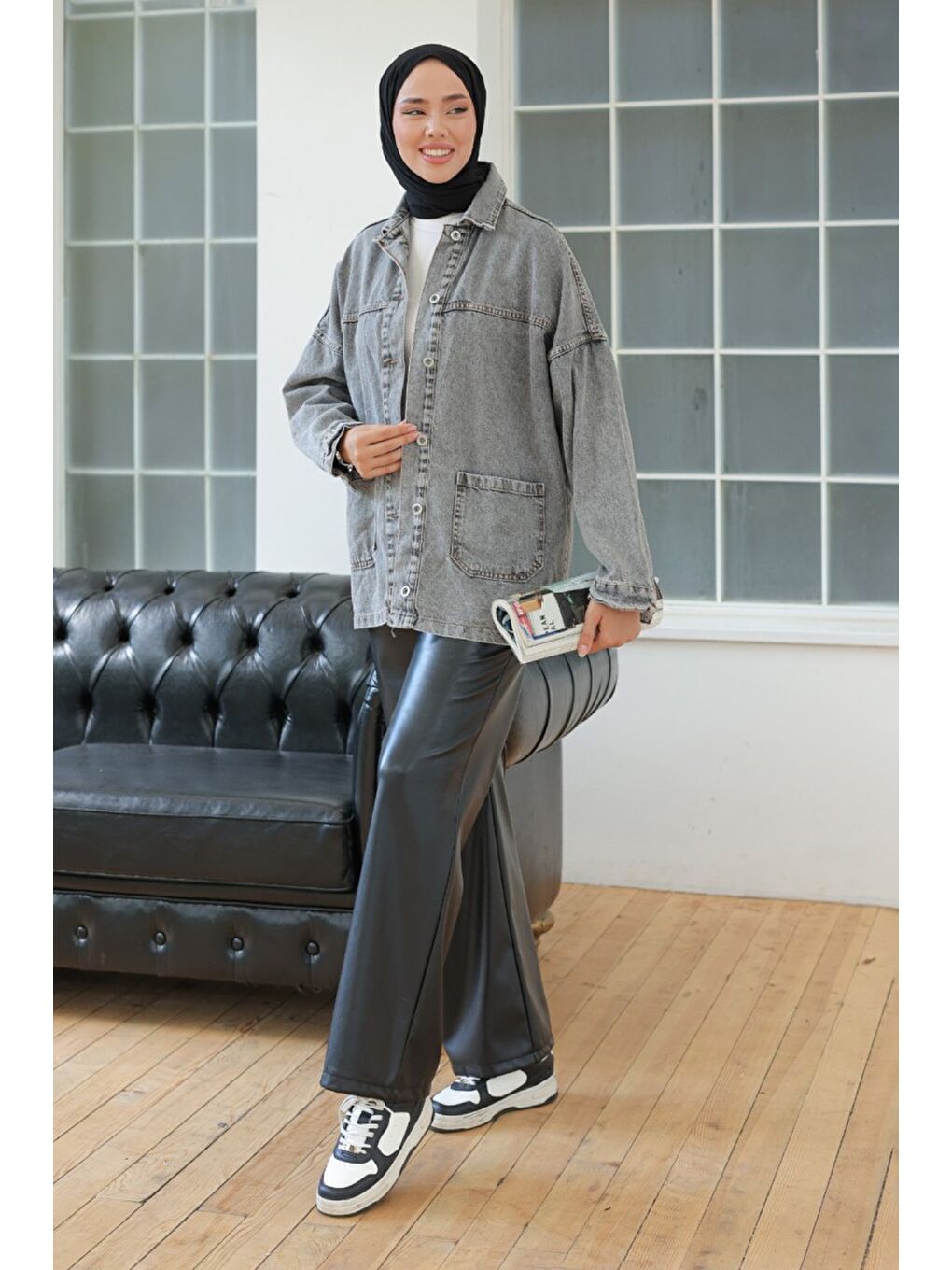 Kadın Kar Yıkama Çift Cepli Düğmeli Jean Ceket Antrasit   26657-1