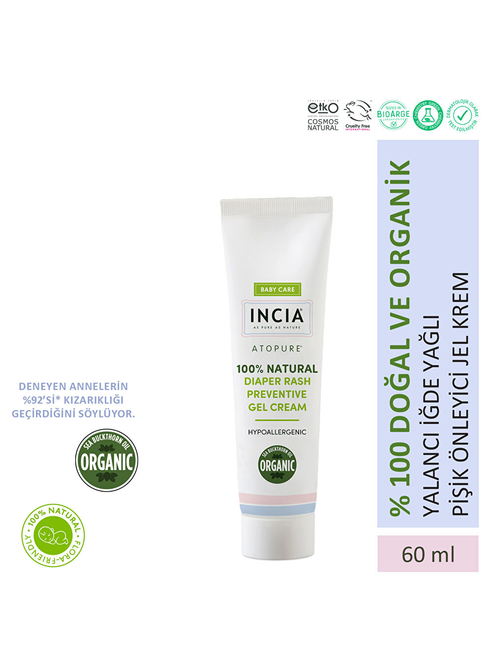 %100 Doğal Pişik Önleyici Jel Krem Organik Yalancı İğde Bakım Kremi Bitkisel 60 ml