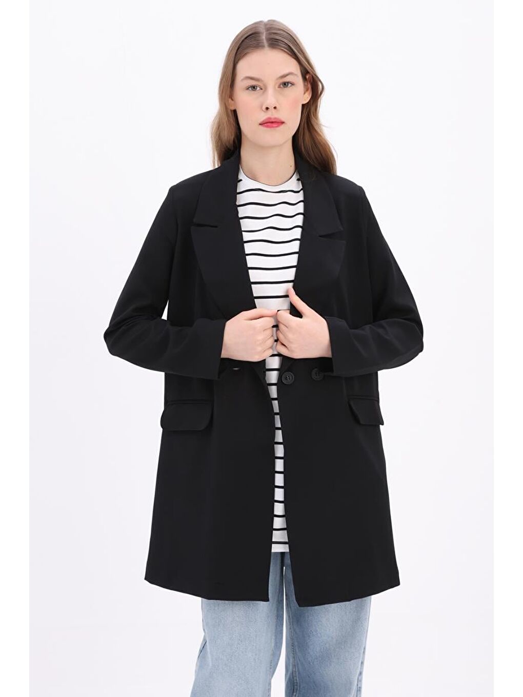 Lila Ekru-Siyah-Pamuklu Çizgili Sıfır Kollu Tunik-3