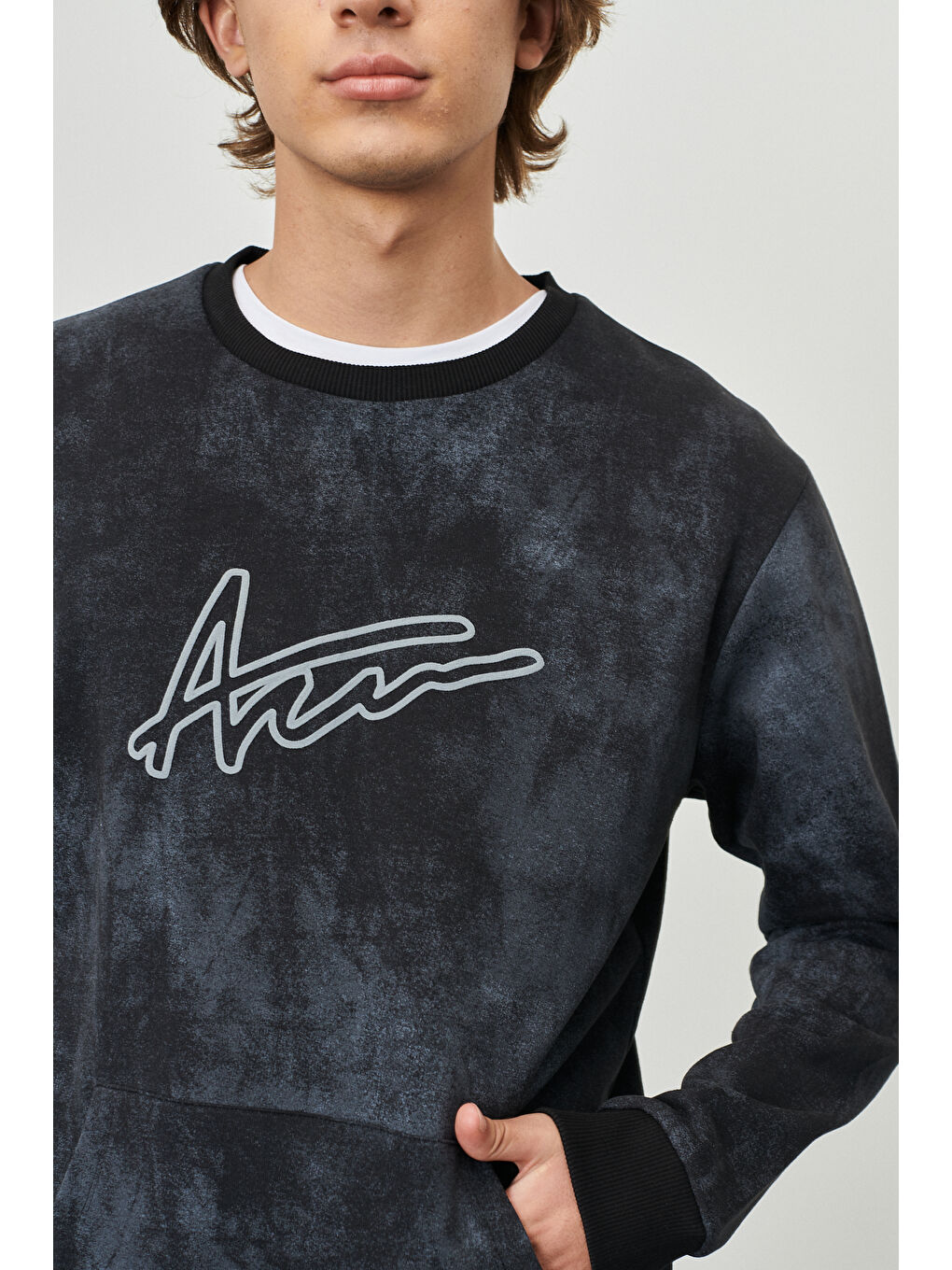 Erkek Antrasit-Melanj Standart Fit Normal Kesim Bisiklet Yaka Tişört-2