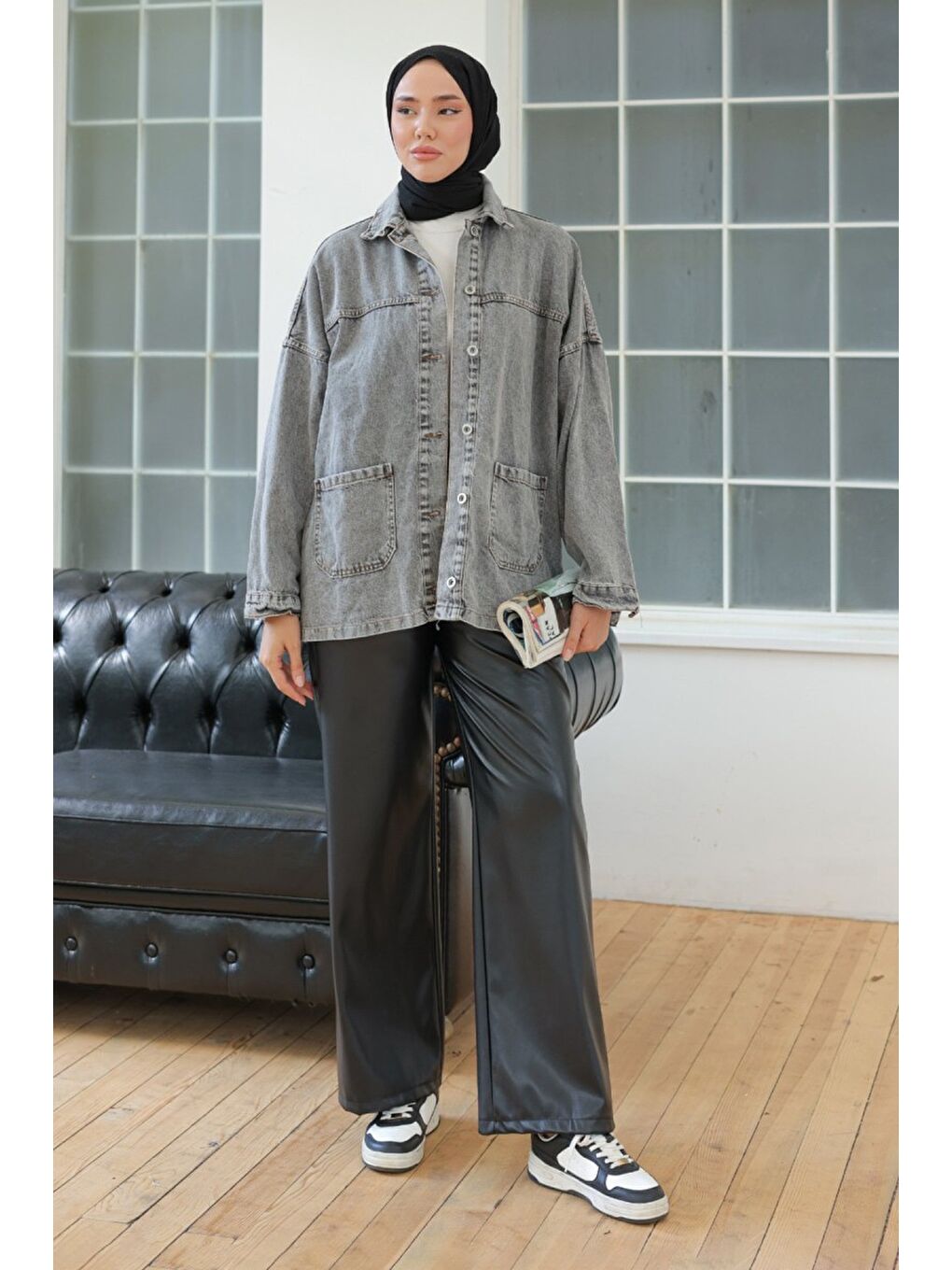 Kadın Kar Yıkama Çift Cepli Düğmeli Jean Ceket Antrasit   26657-2