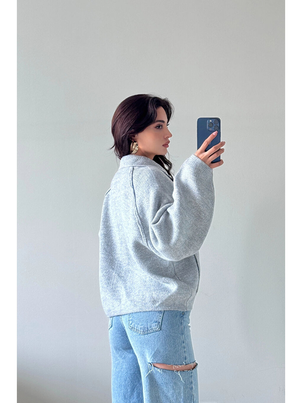 Kadın Gri Fermuarlı Oversize Hırka 1014-2381-3