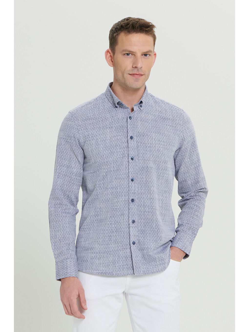 Erkek Lacivert Slim Fit Dar Kesim %100 Pamuk Armürlü Düğmeli Yaka Casual Gömlek-2