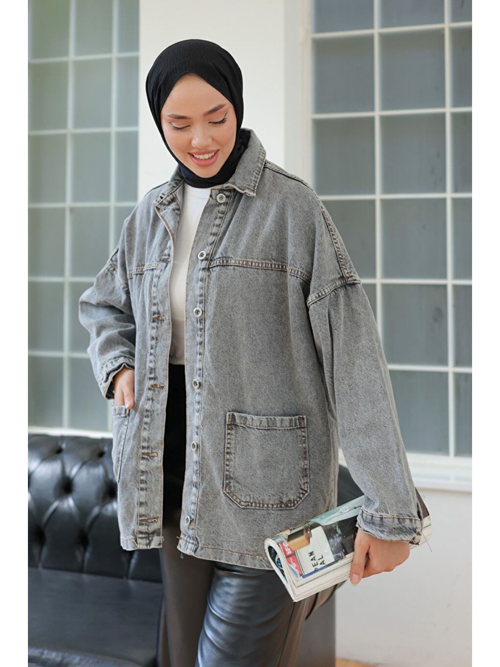 Kadın Kar Yıkama Çift Cepli Düğmeli Jean Ceket Antrasit   26657-4