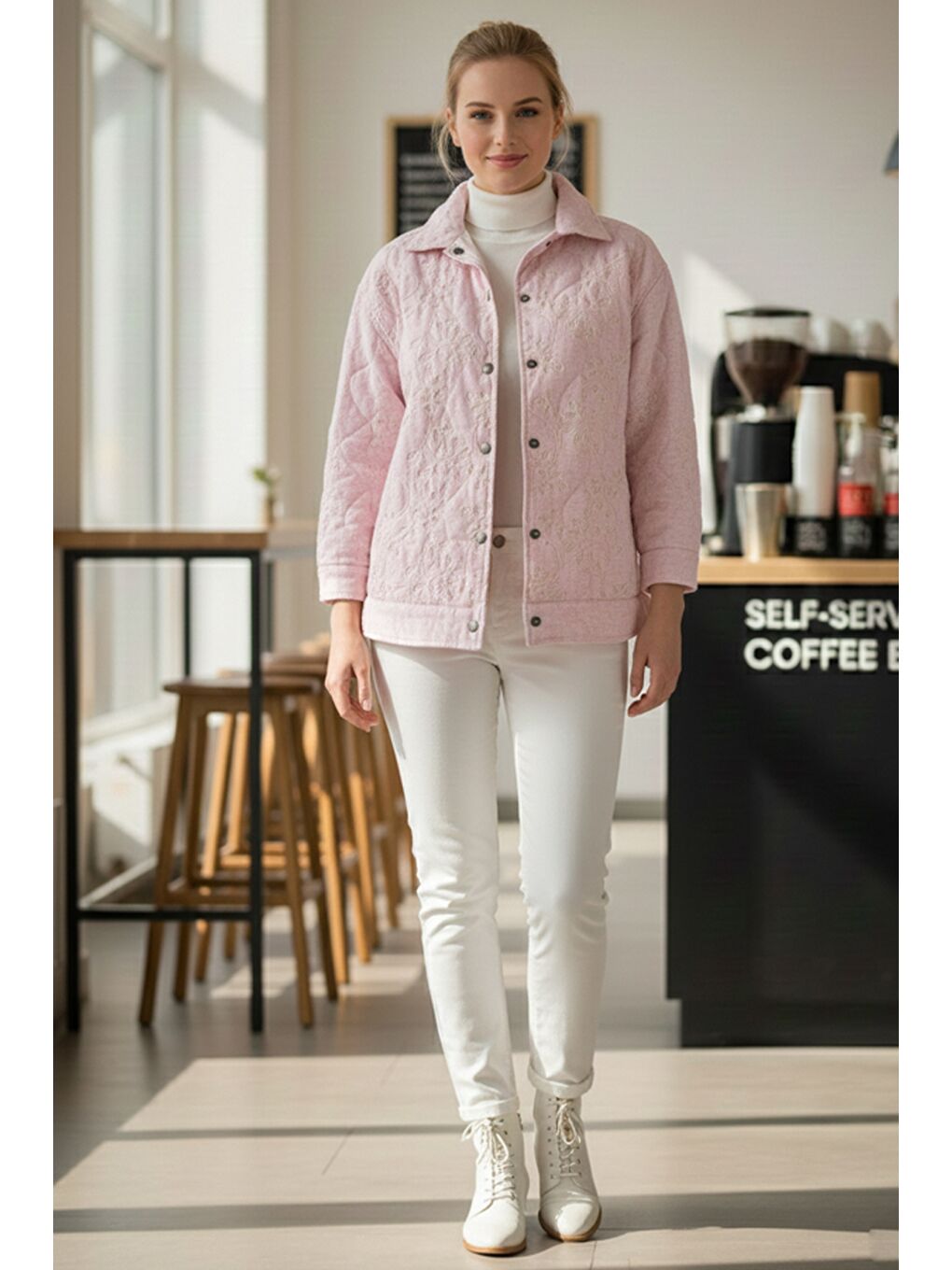 Pastel Pembe Gömlek Yaka Uzun Kol Çıt Çıtlı Casual Kapitone Dokuma Ceket 68 55-2