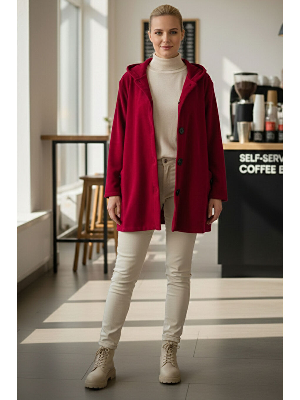 İtalyan Kırmızı Kapüşonlu Uzun Kol Düğmeli Cepli Casual Kadife Oversize Dokuma Ceket 80 70-2