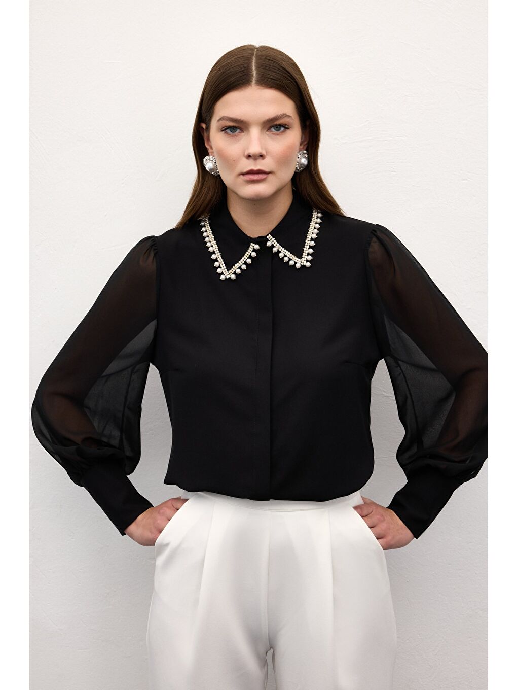 Aksesuar Yakalı Gömlek - Siyah-1