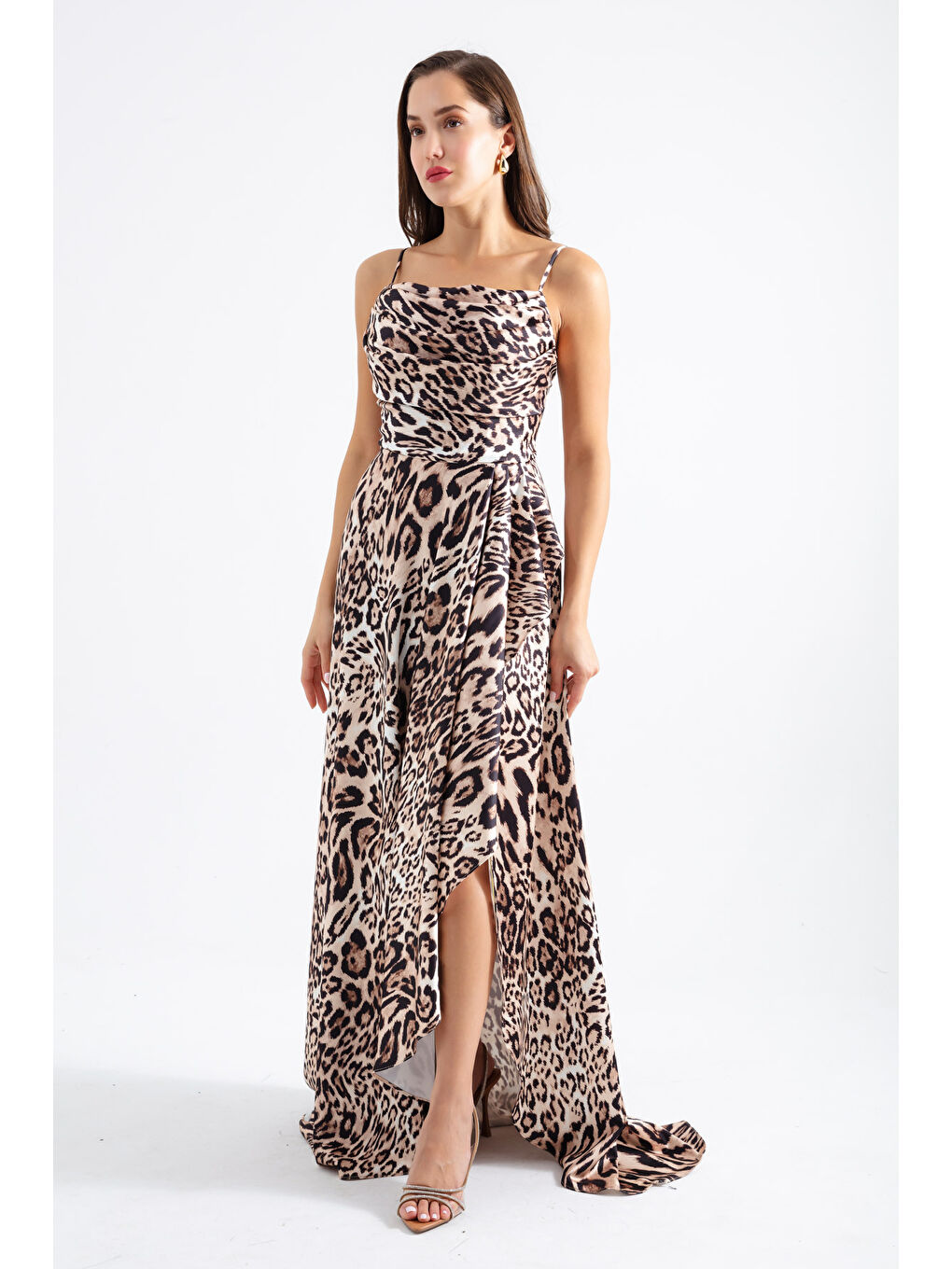 Kadın Bej Leopar Desenli Yırtmaçlı Saten Abiye & Mezuniyet Elbisesi-1