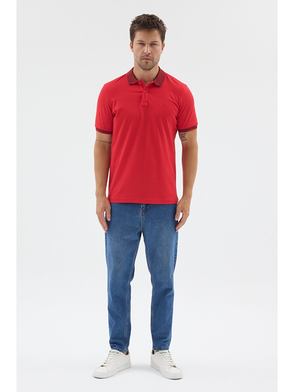 Kırmızı Polo Yaka Pike Kısa Kol Slim Fit %100 Pamuk Tişört 1011260171-1