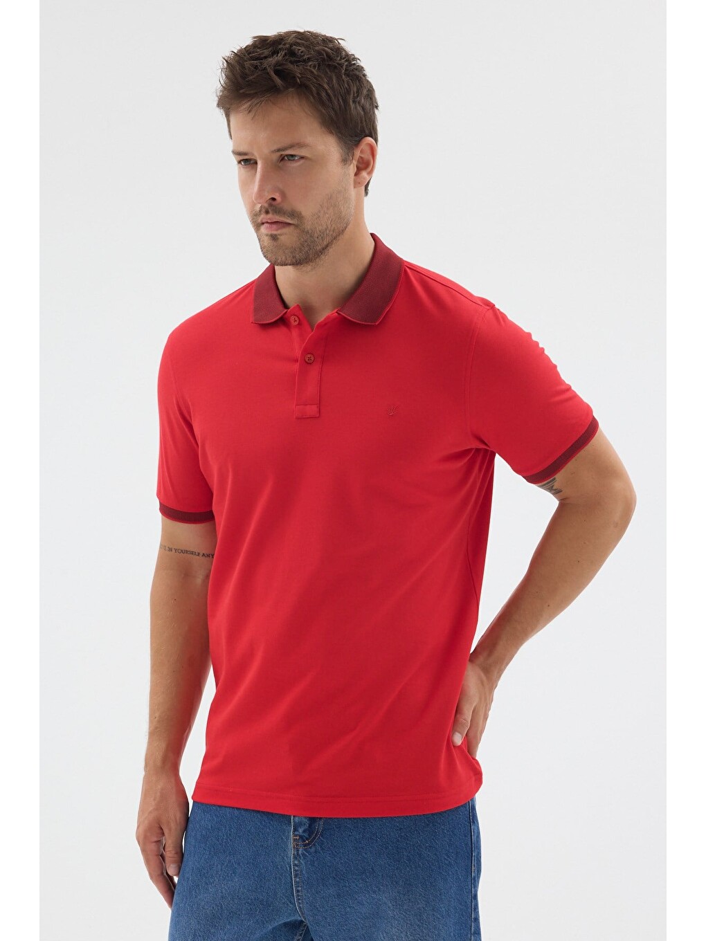 Kırmızı Polo Yaka Pike Kısa Kol Slim Fit %100 Pamuk Tişört 1011260171-2