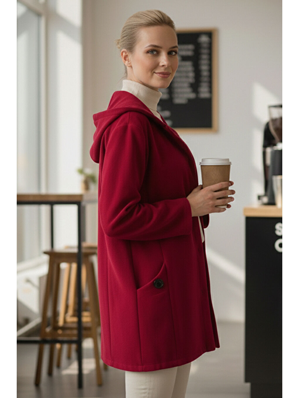 İtalyan Kırmızı Kapüşonlu Uzun Kol Düğmeli Cepli Casual Kadife Oversize Dokuma Ceket 80 70-3