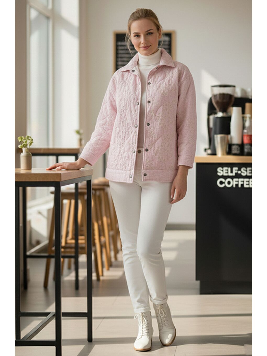 Pastel Pembe Gömlek Yaka Uzun Kol Çıt Çıtlı Casual Kapitone Dokuma Ceket 68 55-3