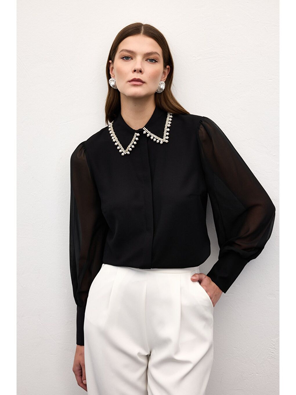 Aksesuar Yakalı Gömlek - Siyah-2