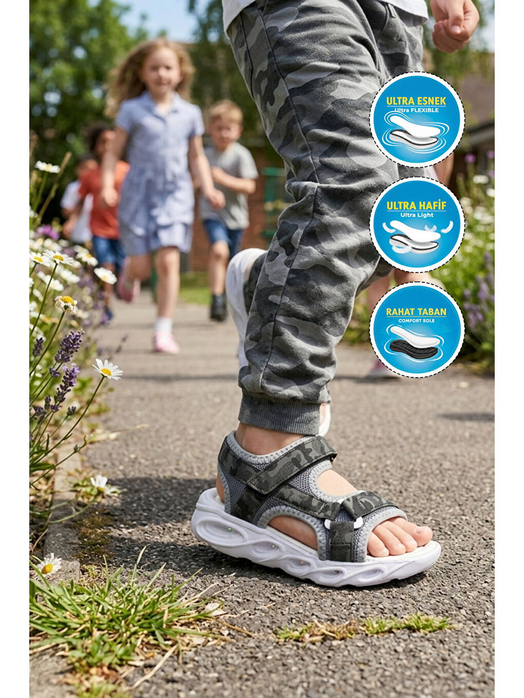 Siyah Cırtlı Işıklı Hafif Unisex Çocuk Sandalet Sage F-2