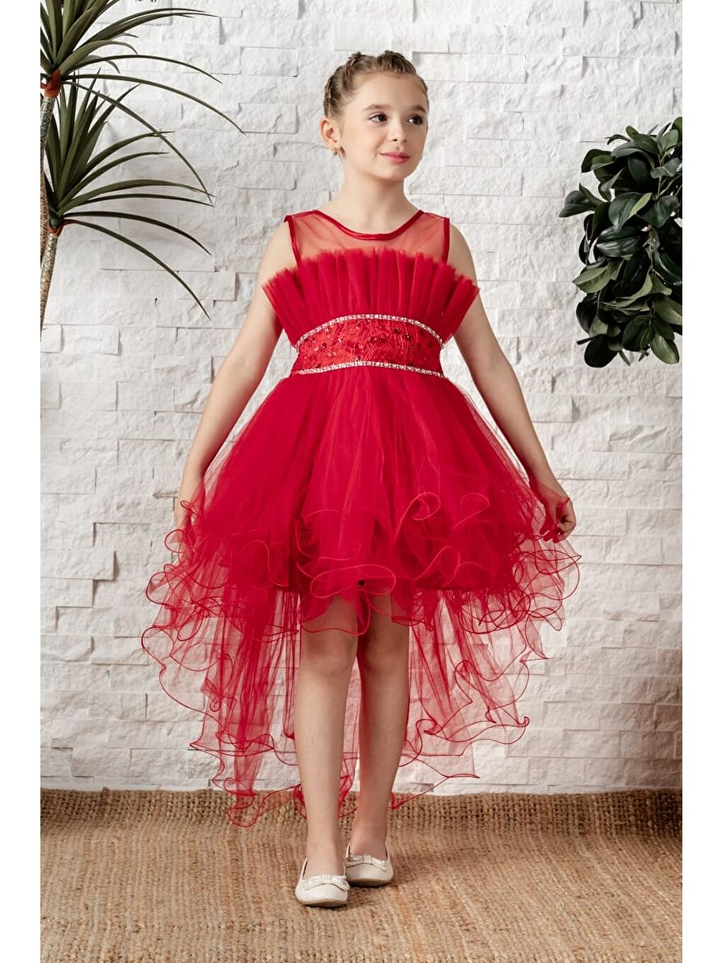 Kırmızı Uzun Kuyruk Tütülü Askılı Kız Filira Elbise MNK0584-3