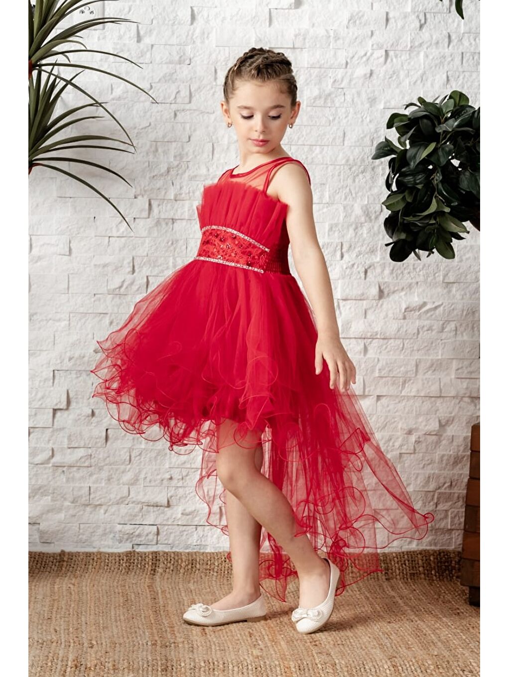 Kırmızı Uzun Kuyruk Tütülü Askılı Kız Filira Elbise MNK0584-5