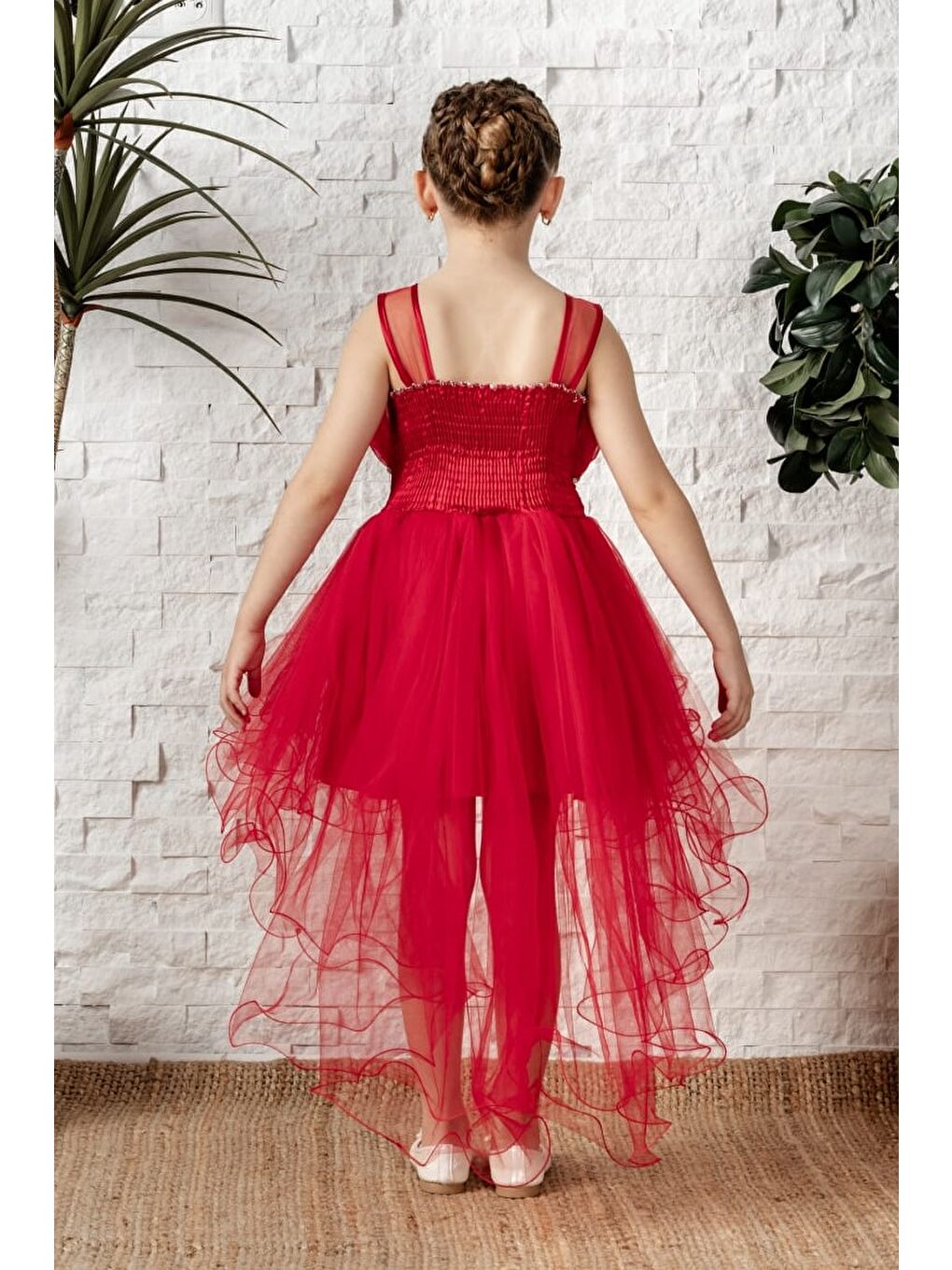 Kırmızı Uzun Kuyruk Tütülü Askılı Kız Filira Elbise MNK0584-6