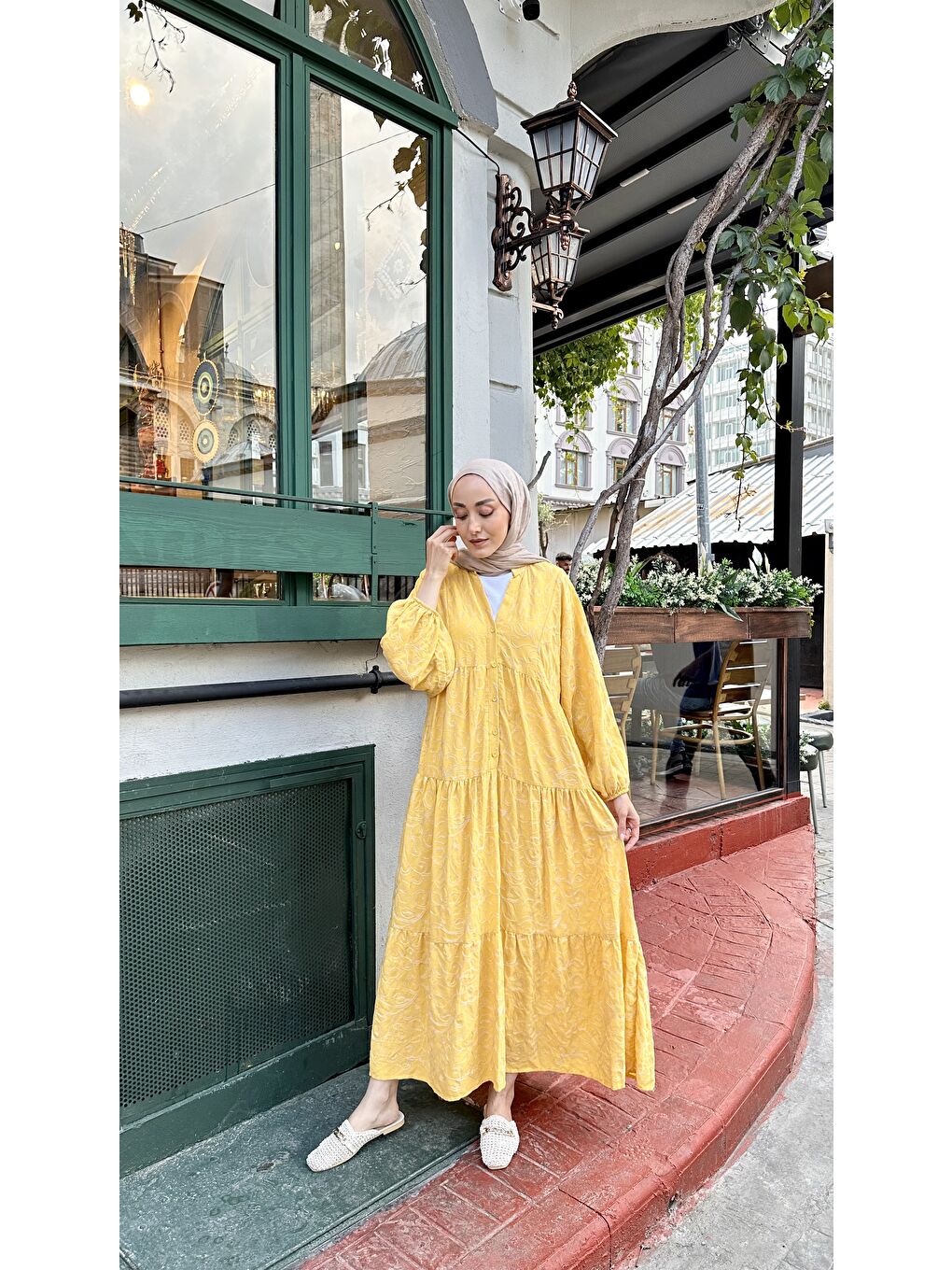 Kadın Gold Çicek Nakışlı Elbise Sarı