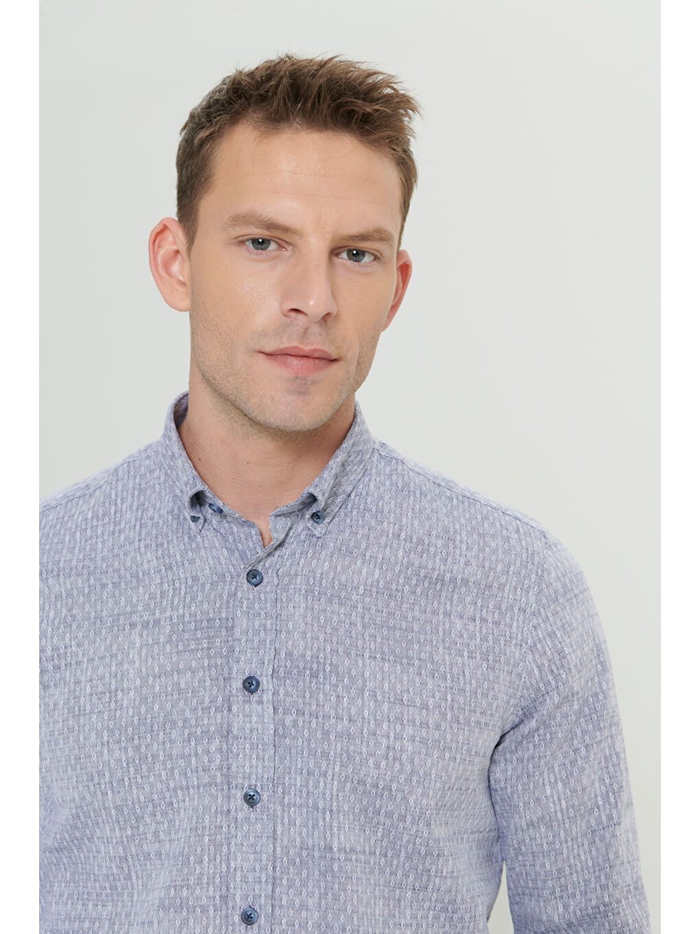Erkek Lacivert Slim Fit Dar Kesim %100 Pamuk Armürlü Düğmeli Yaka Casual Gömlek-3