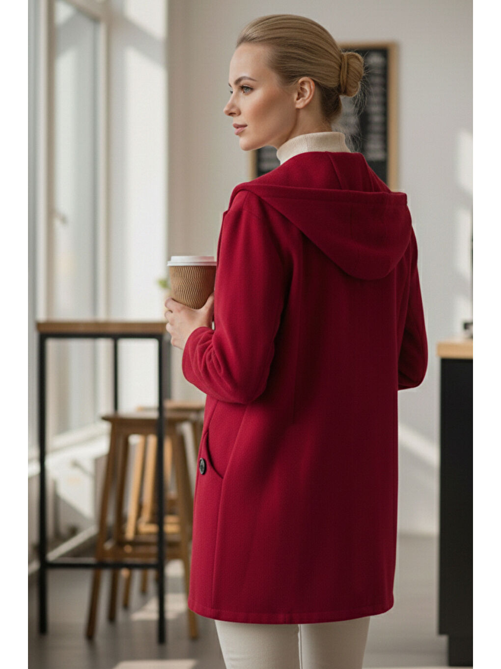 İtalyan Kırmızı Kapüşonlu Uzun Kol Düğmeli Cepli Casual Kadife Oversize Dokuma Ceket 80 70-4