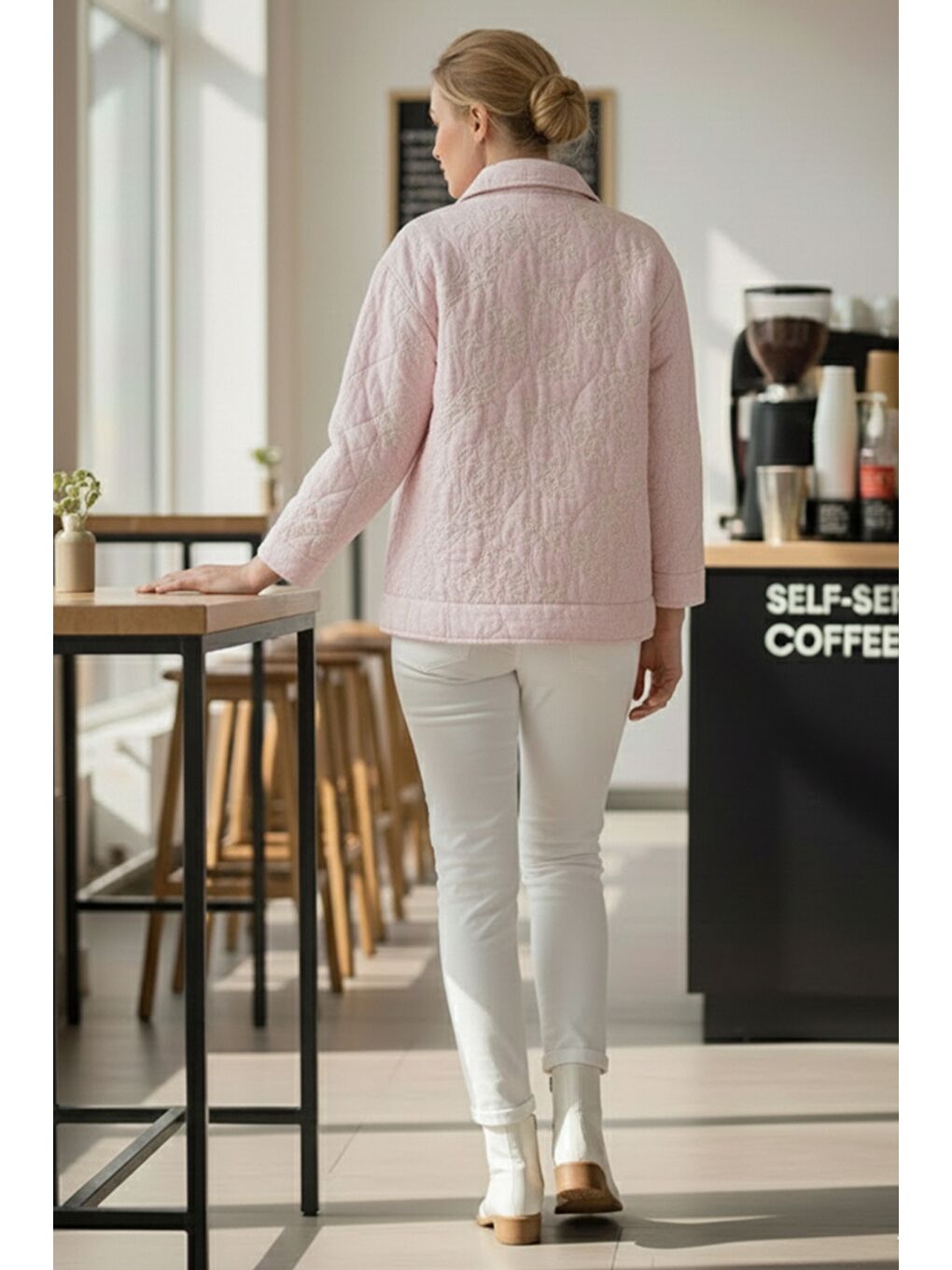 Pastel Pembe Gömlek Yaka Uzun Kol Çıt Çıtlı Casual Kapitone Dokuma Ceket 68 55-4