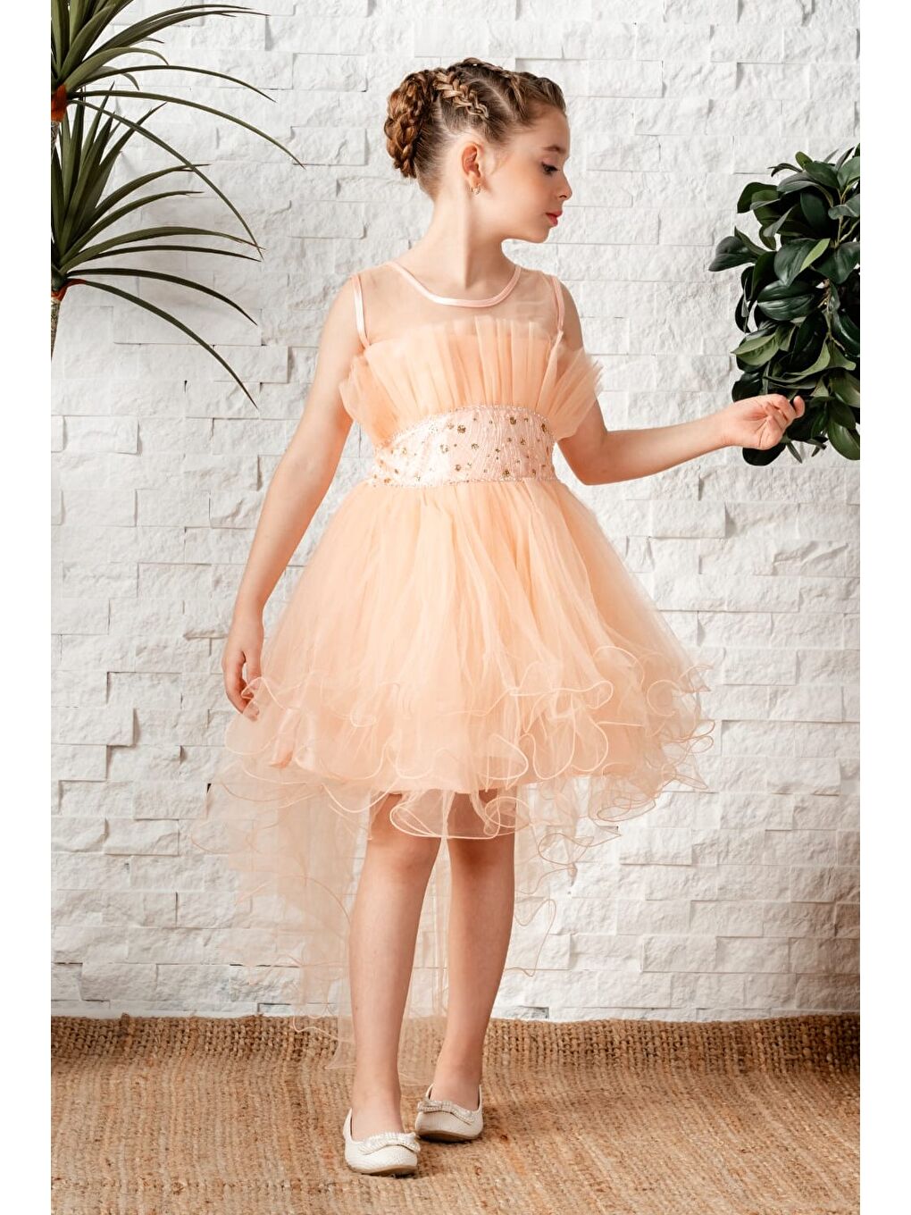 Pembe Uzun Kuyruk Tütülü Askılı Kız Filira Elbise MNK0584-5