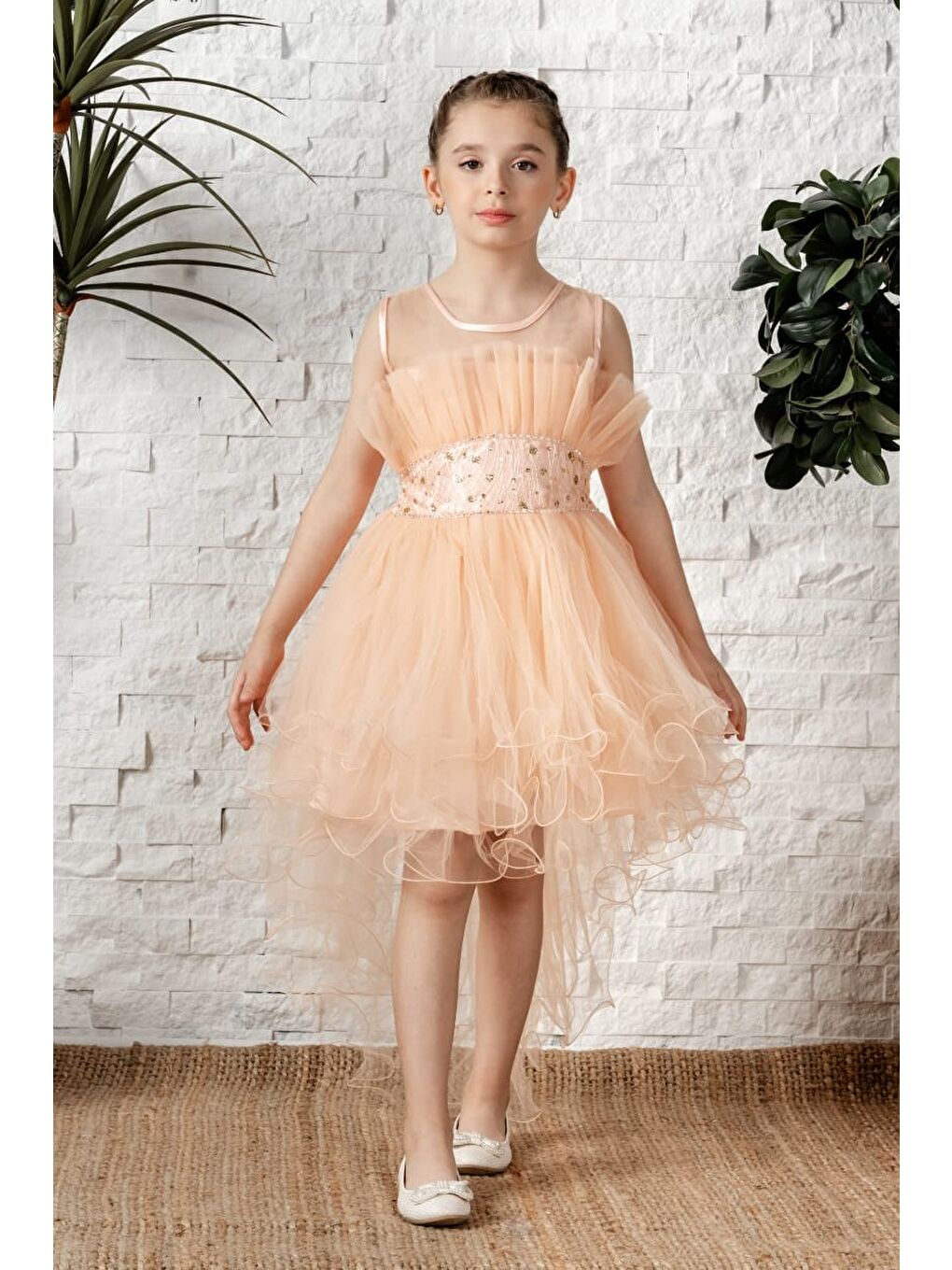 Pembe Uzun Kuyruk Tütülü Askılı Kız Filira Elbise MNK0584-6