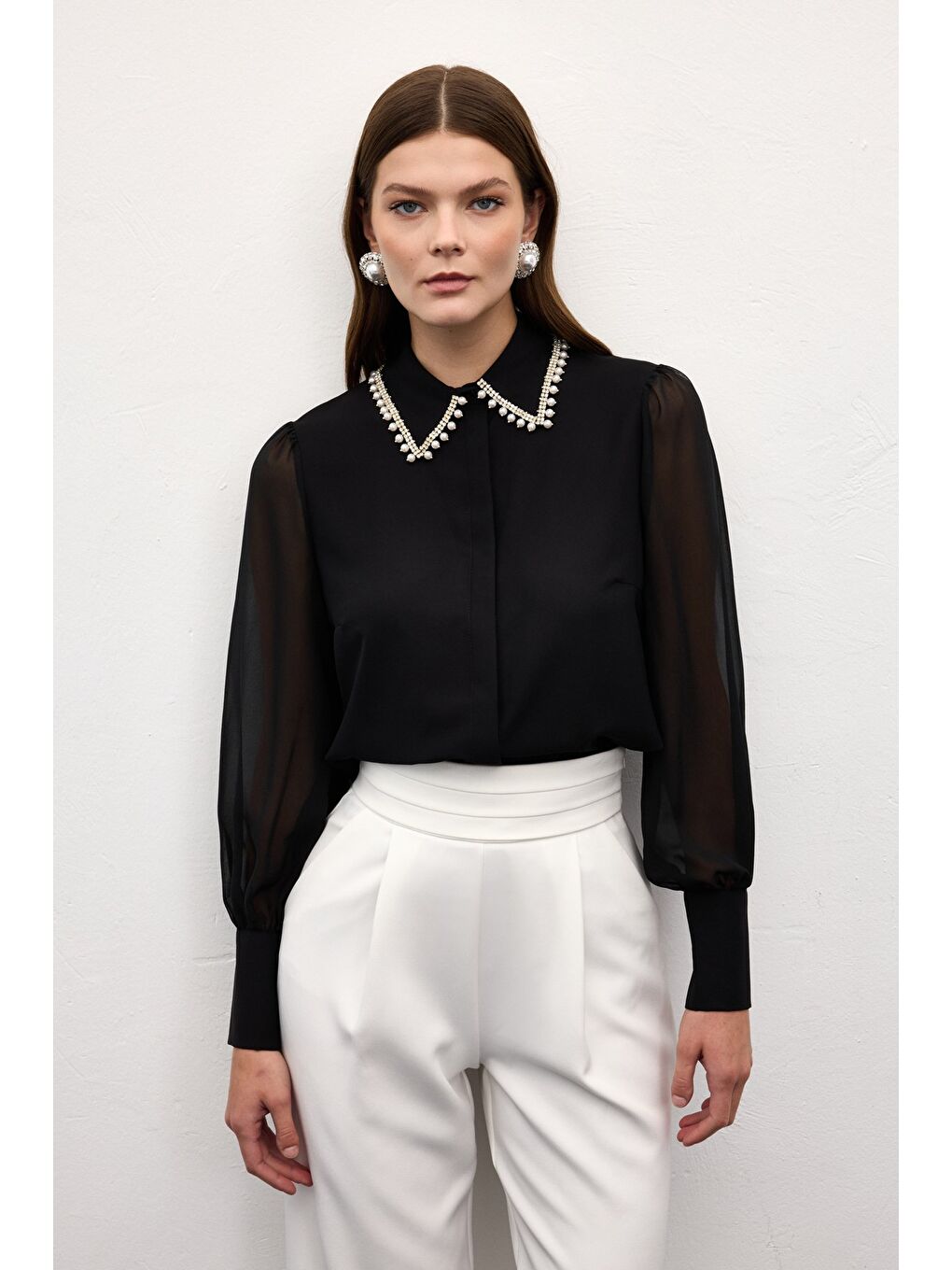 Aksesuar Yakalı Gömlek - Siyah-4