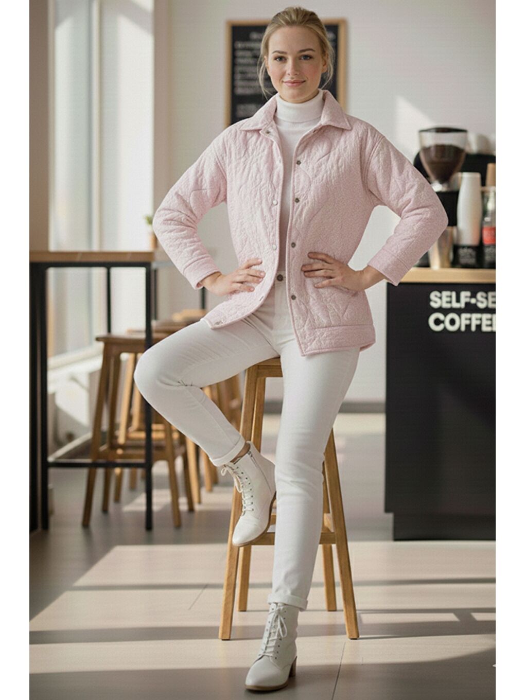 Pastel Pembe Gömlek Yaka Uzun Kol Çıt Çıtlı Casual Kapitone Dokuma Ceket 68 55-5