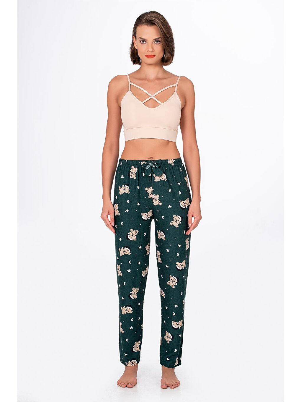 Kadın Süet Ayıcık Desenli Pijama Tek Alt – Yeşil