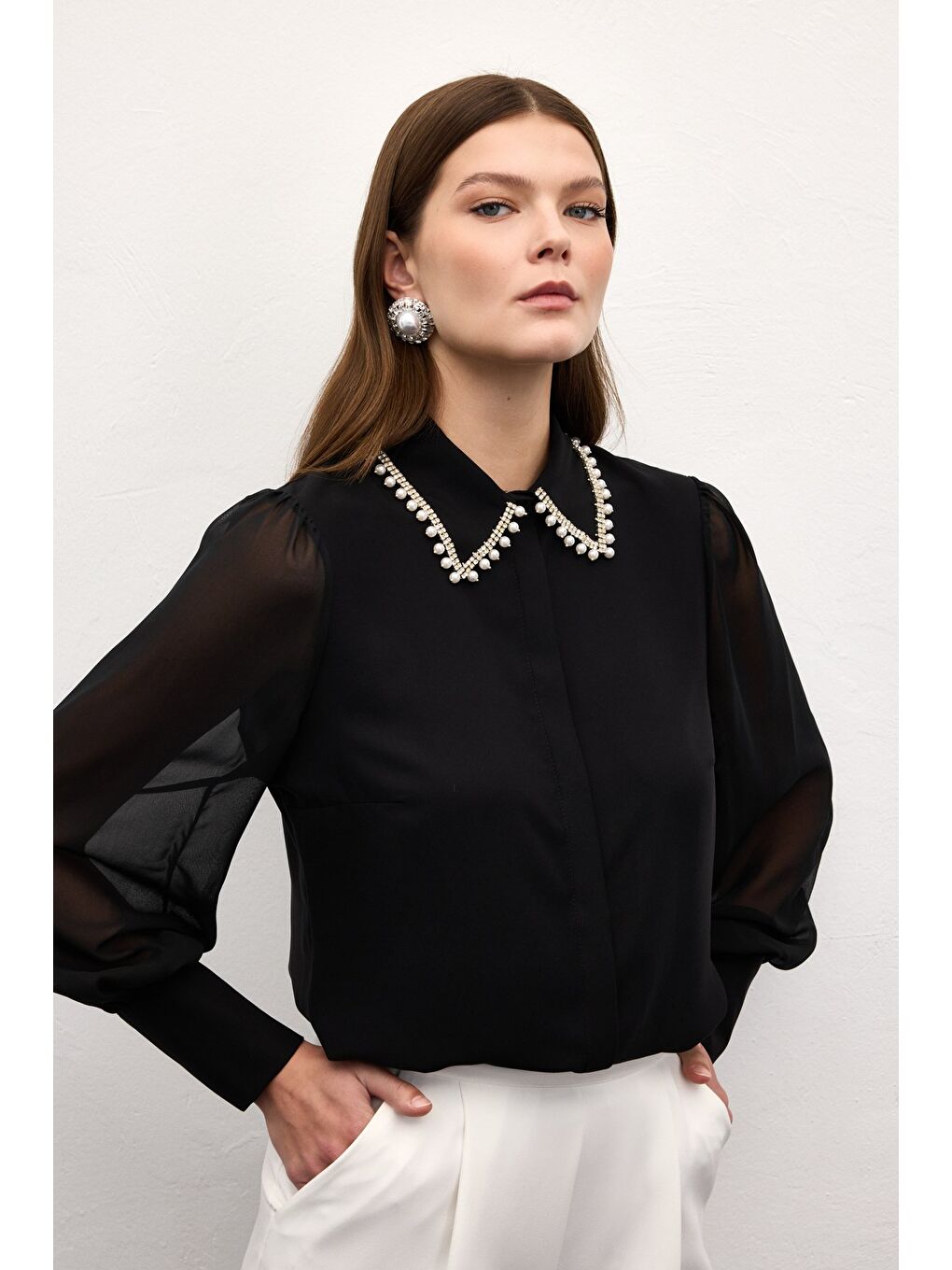 Aksesuar Yakalı Gömlek - Siyah-5