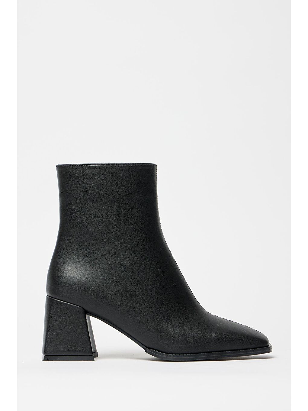 Kadın Siyah Bot & Bootie Küt Burun Topuklu Kontrast Pu Deri Fermuarlı-3