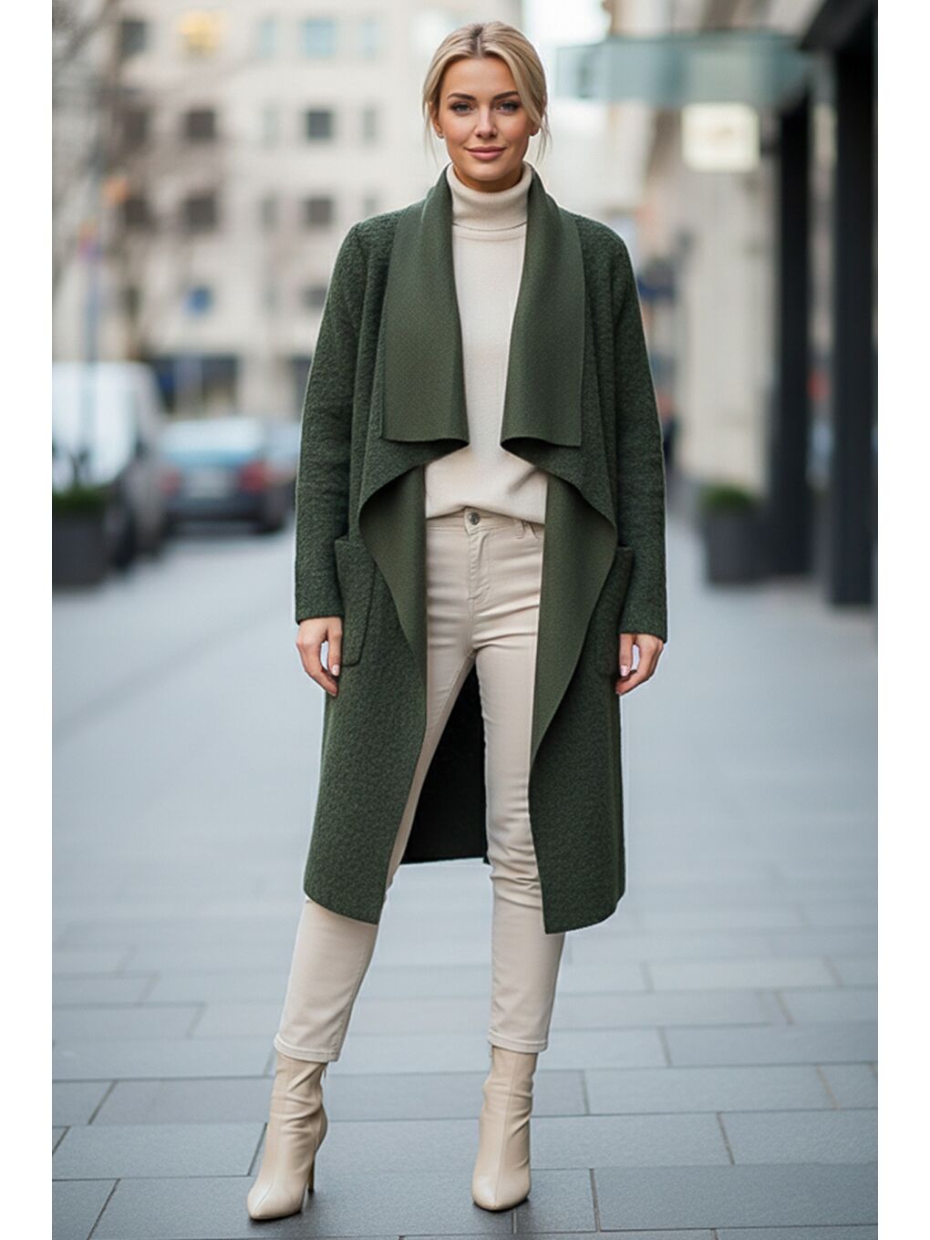 İtalyan Haki Şal Yaka Uzun Kol Cepli İnce Kırçıllı Casual Kaşe Oversize Dokuma Ceket 105 65