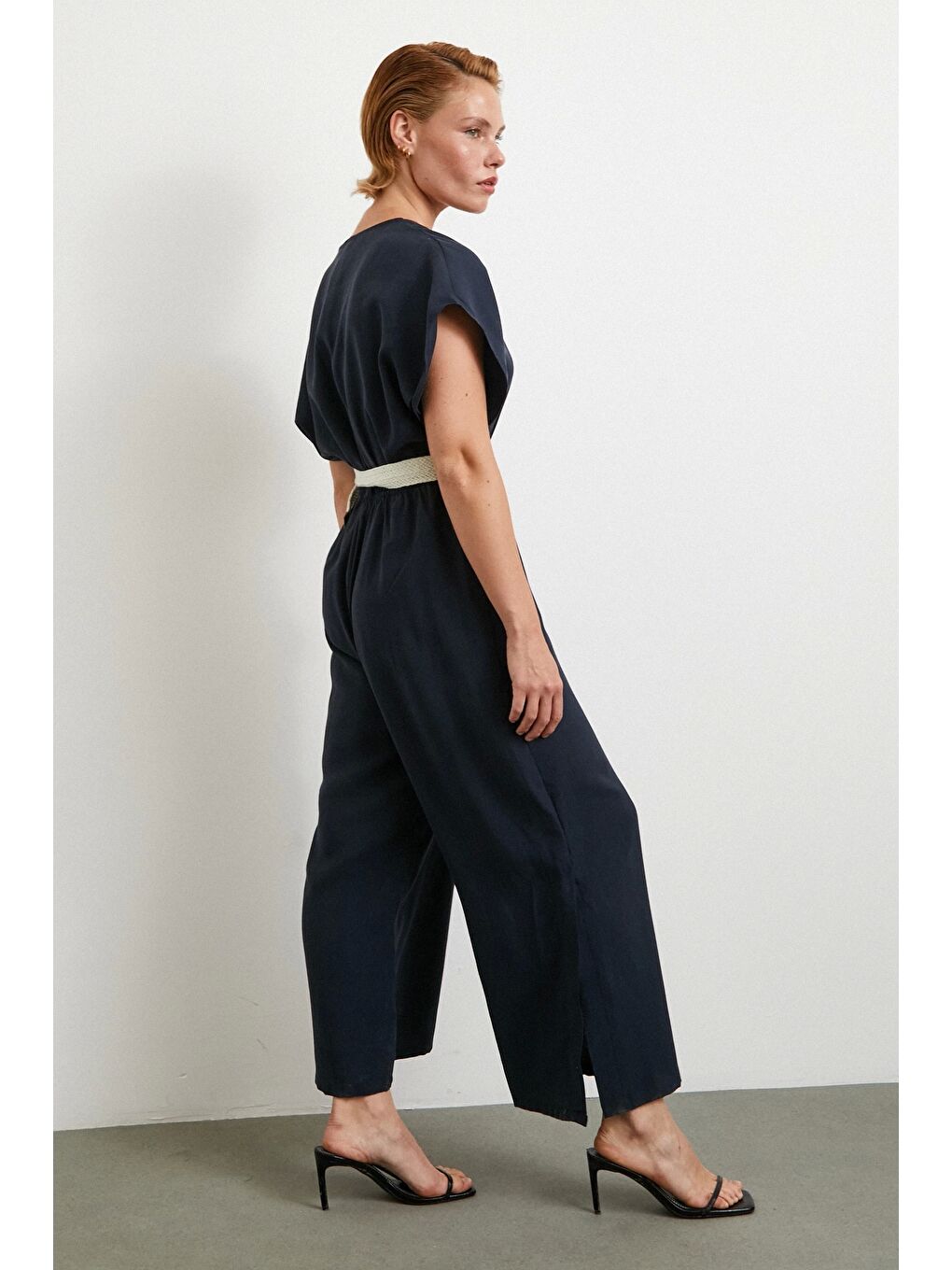 Kemer Detaylı Yarasa Kol Tulum Lacivert-2