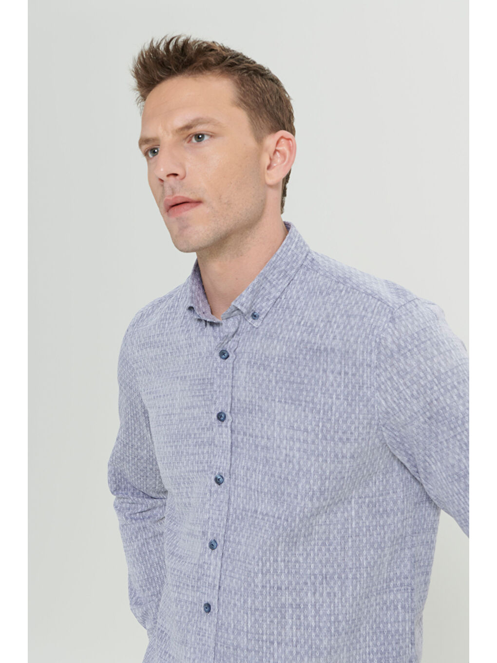 Erkek Lacivert Slim Fit Dar Kesim %100 Pamuk Armürlü Düğmeli Yaka Casual Gömlek-4