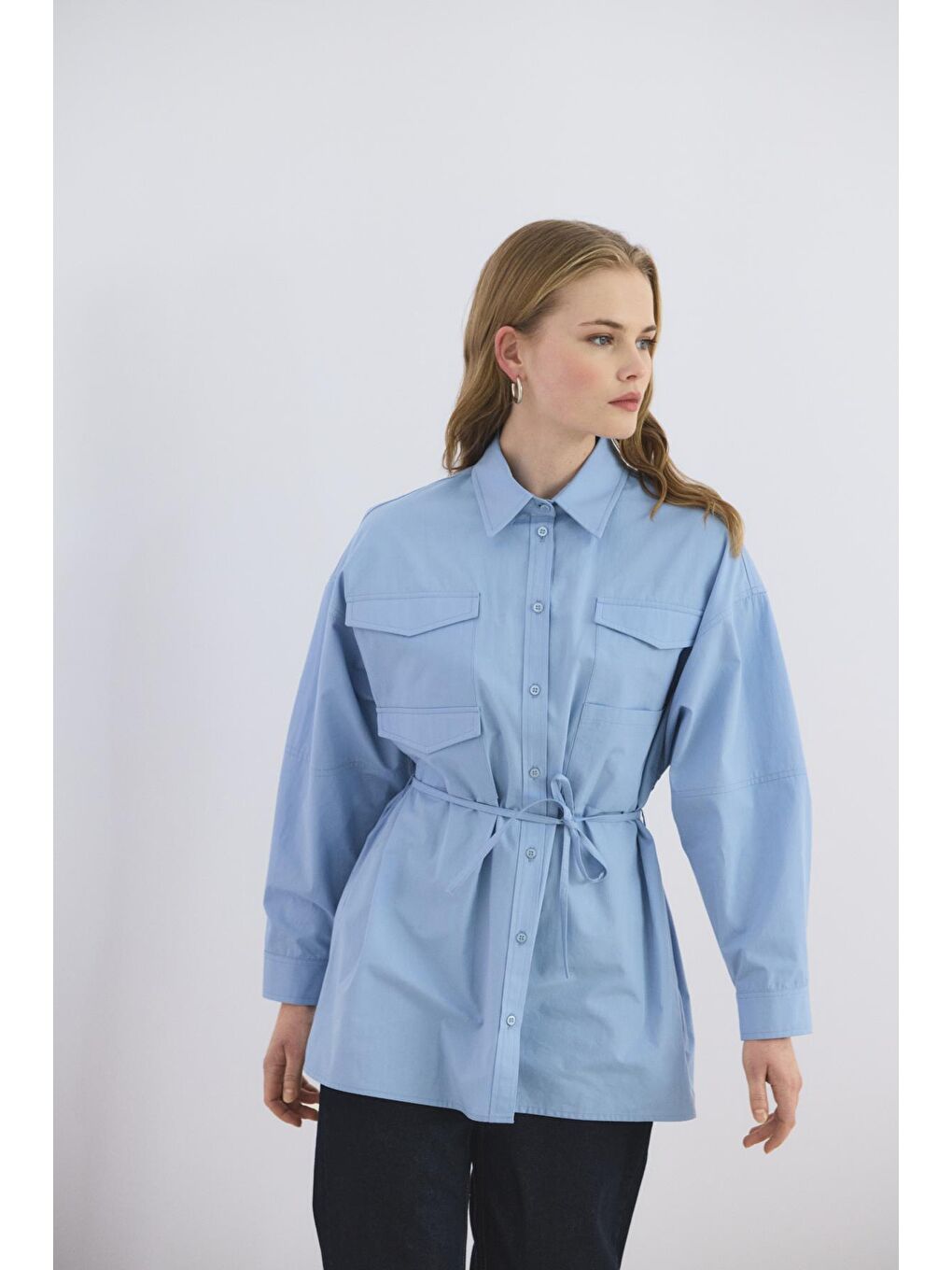 Cepli Biye Kemerli Oversize Gömlek Mavi