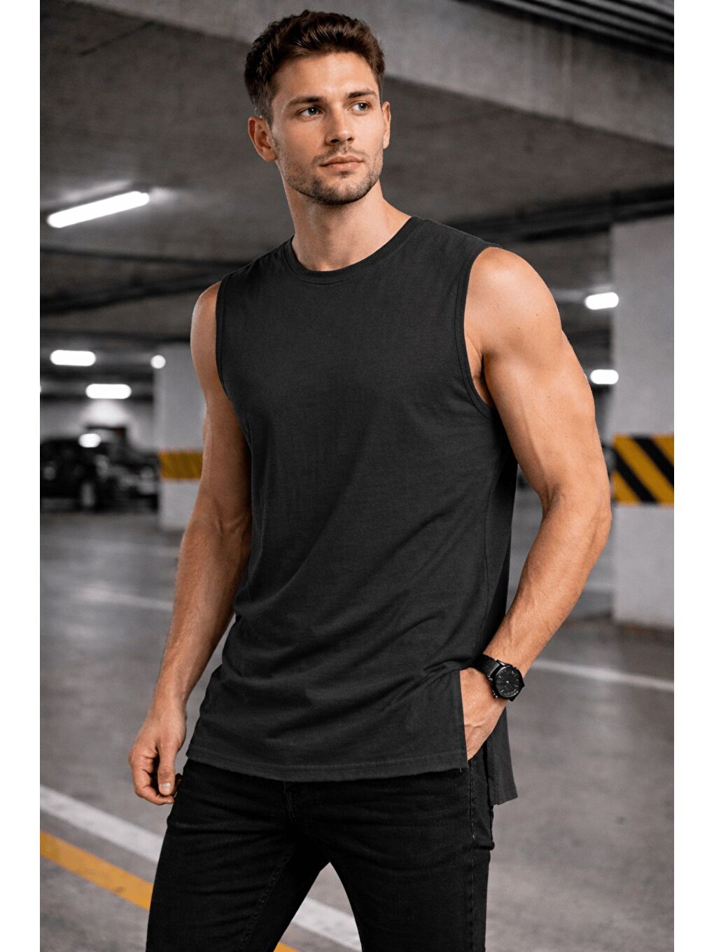 Gri Erkek Kolsuz Regular Fit Basic Atlet Yan Yırtmaçlı Pis Yaka Tişört